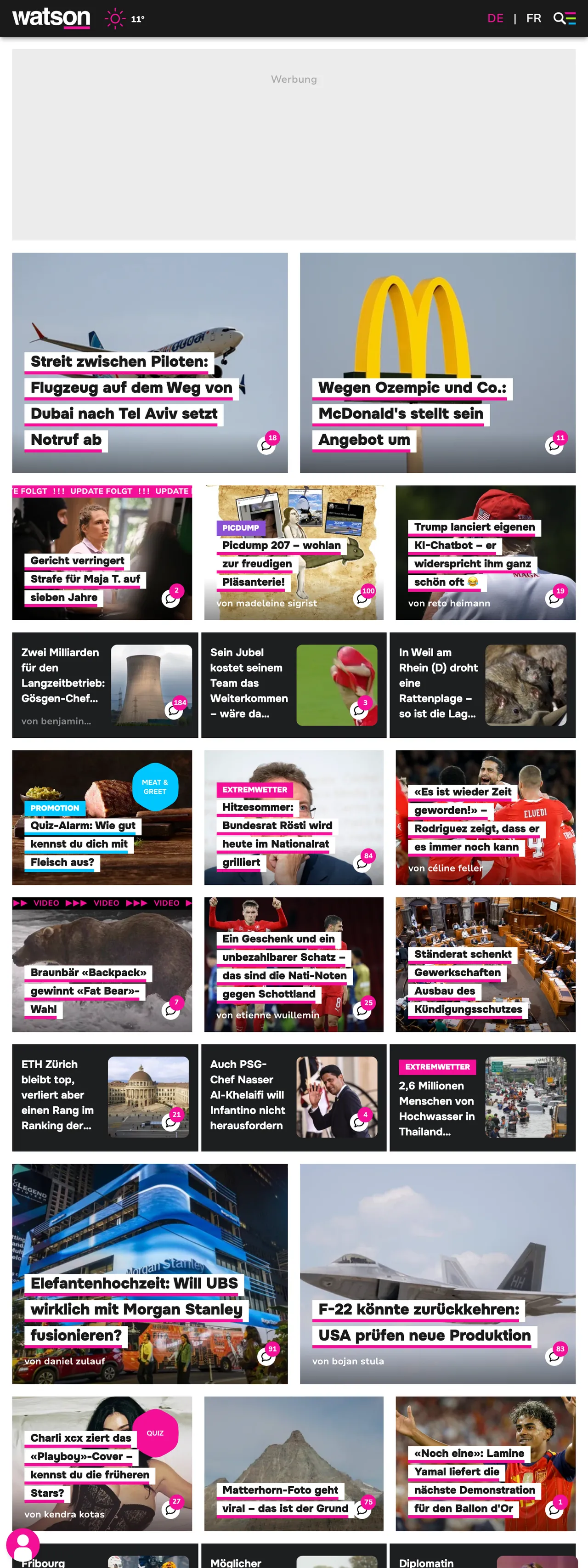 Screenshot of the watson front page