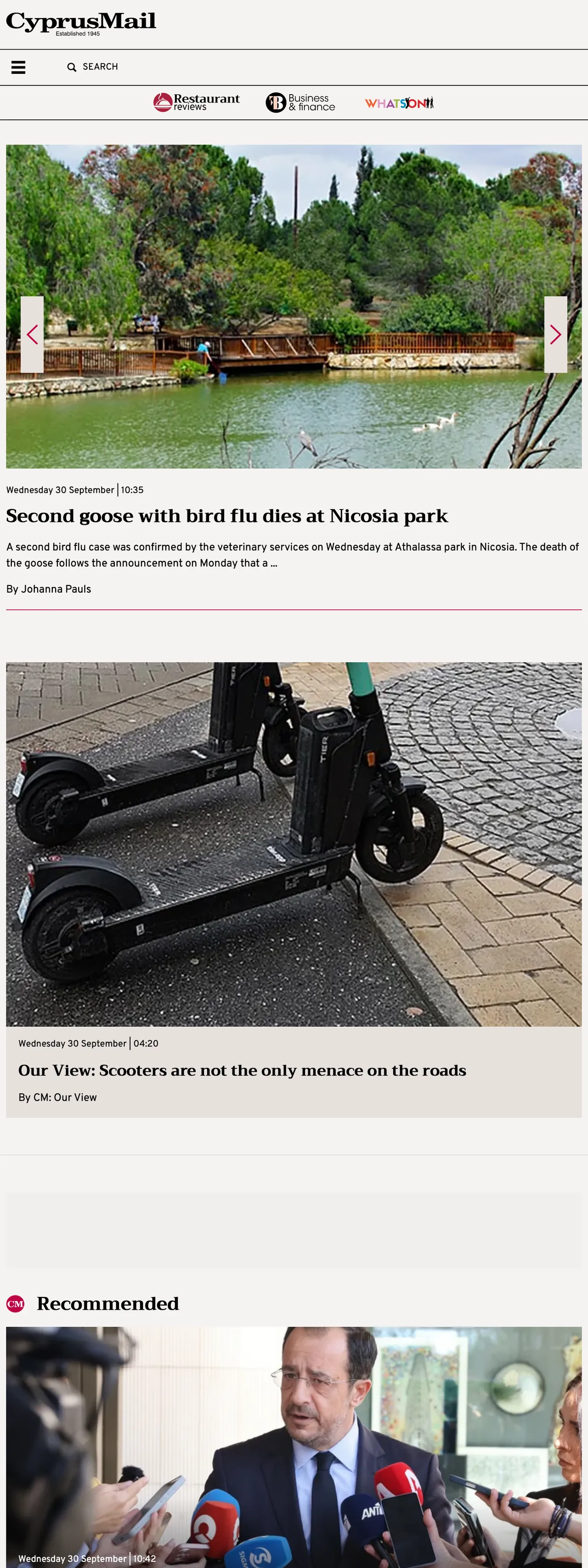 Screenshot of the Cyprus Mail front page