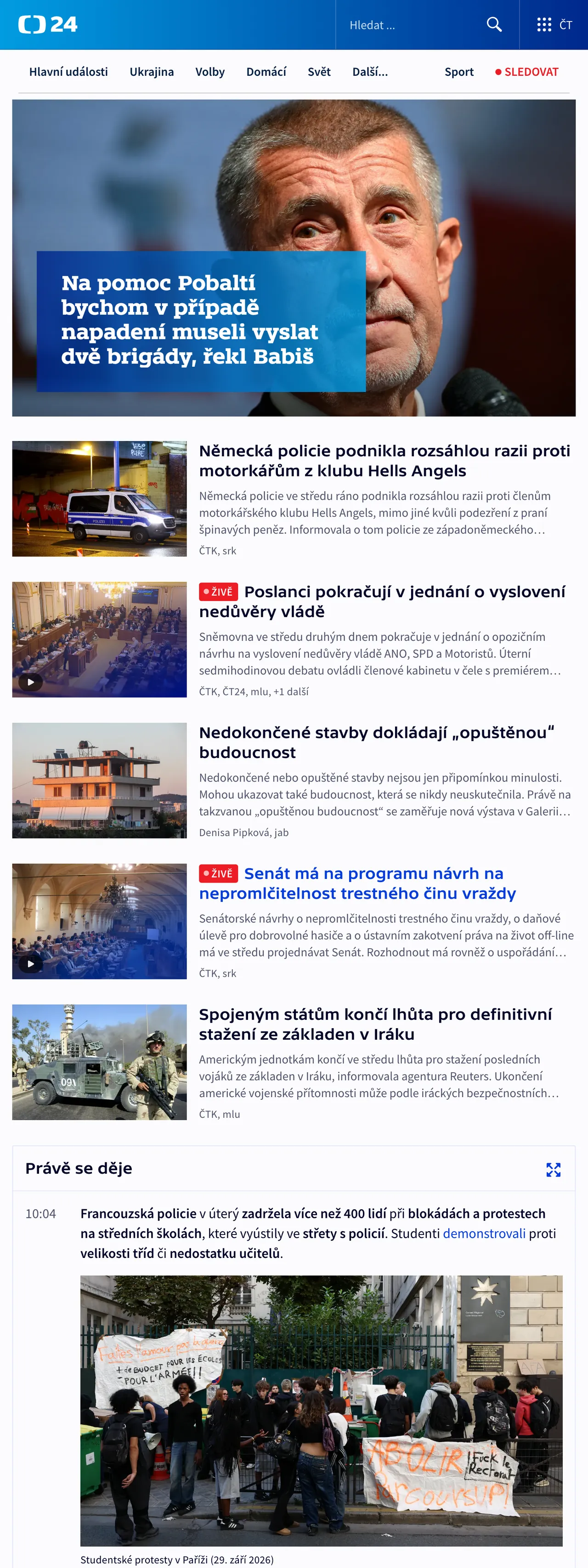Screenshot of the ČT24 front page