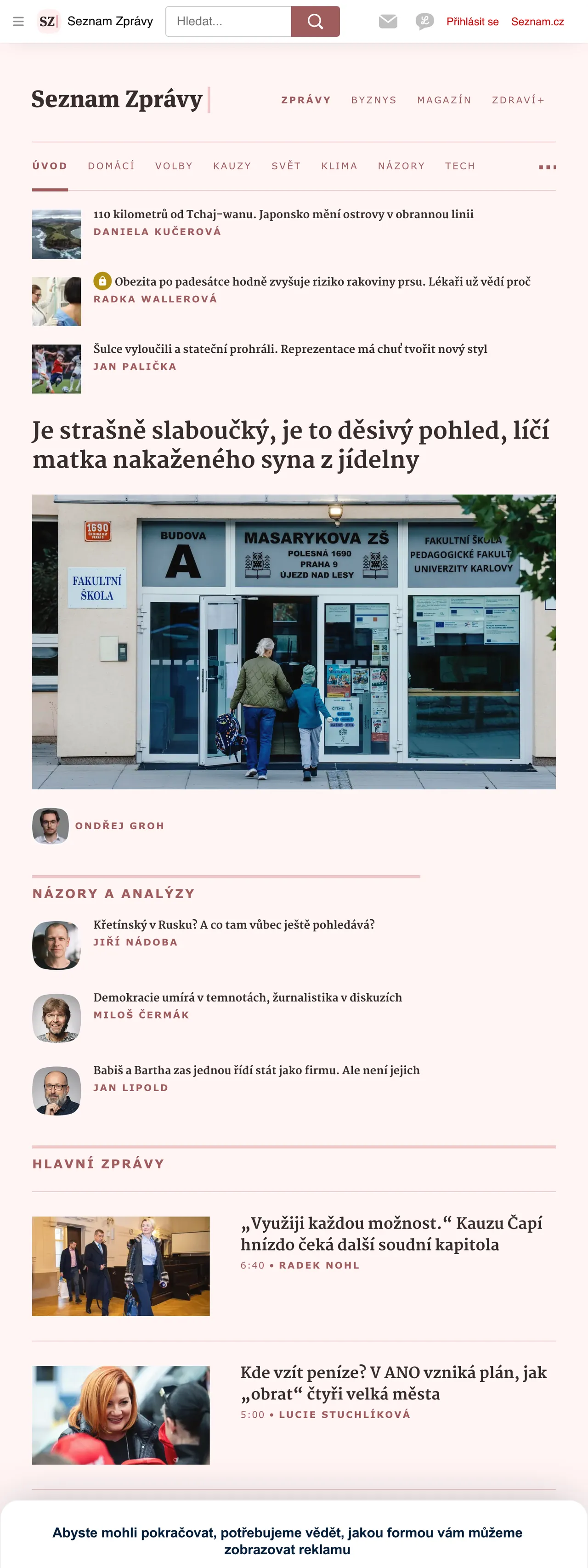 Screenshot of the Seznam Zprávy front page