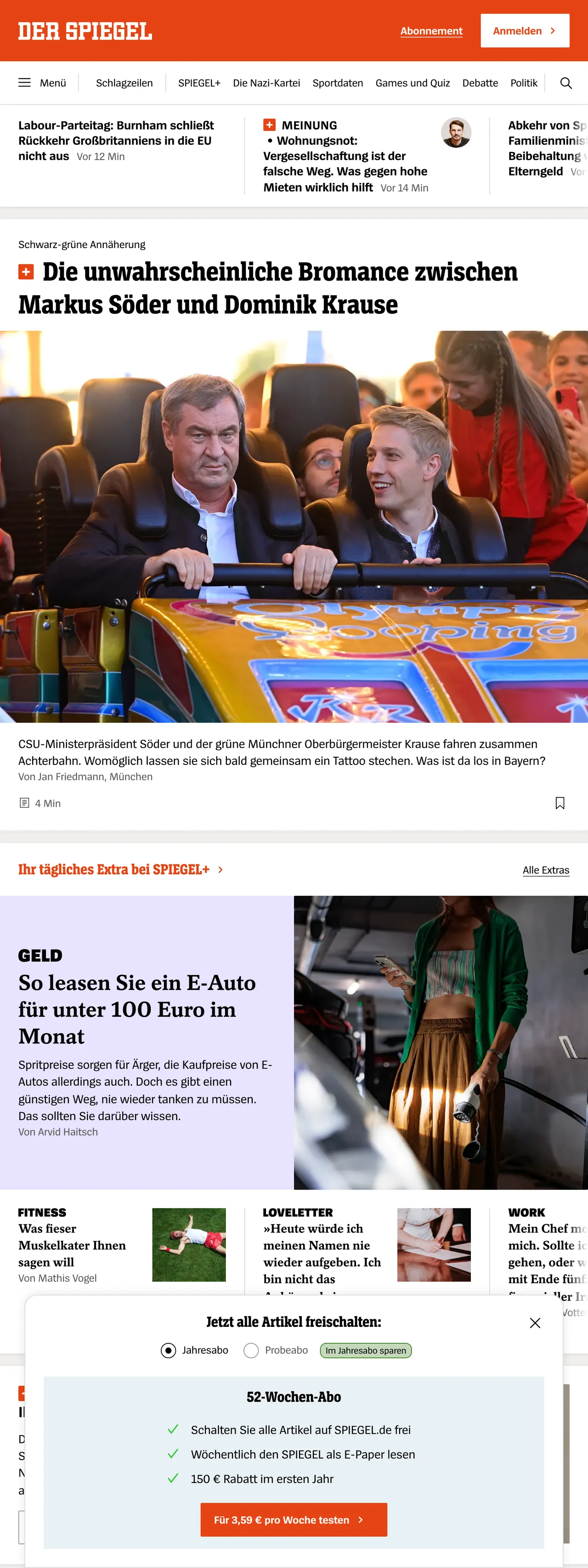 Screenshot of the DER SPIEGEL front page