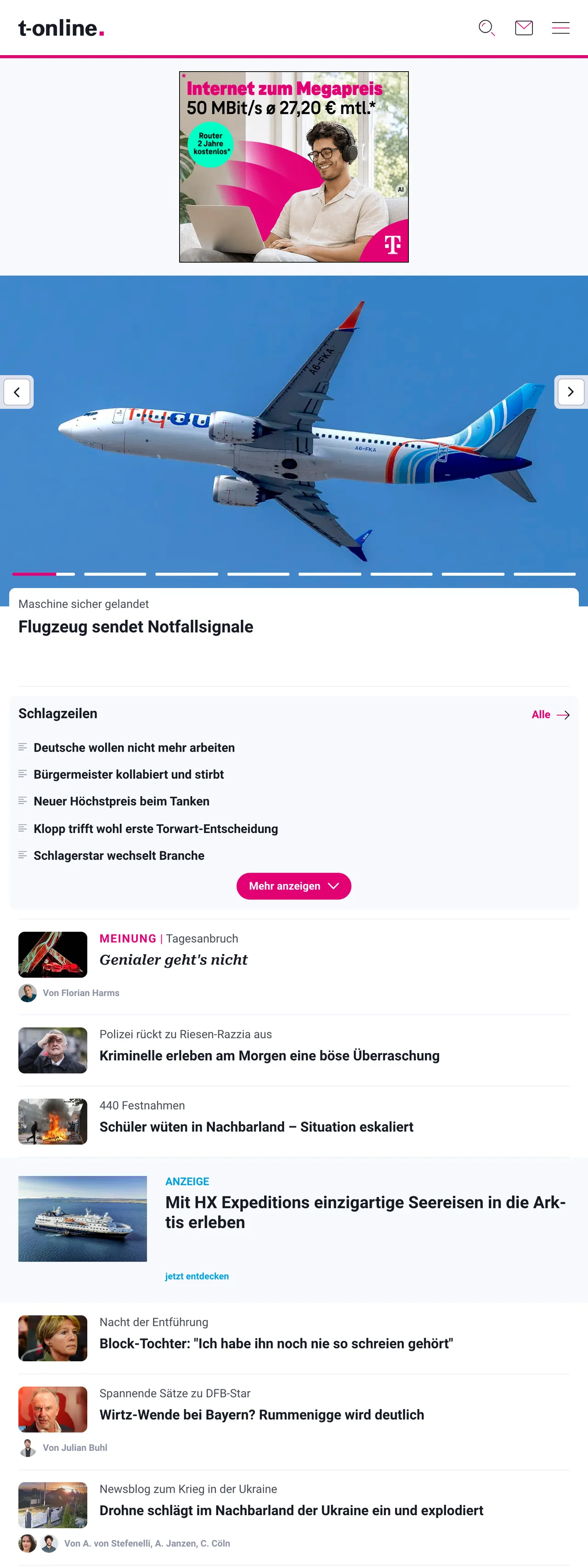 Screenshot of the t-online front page