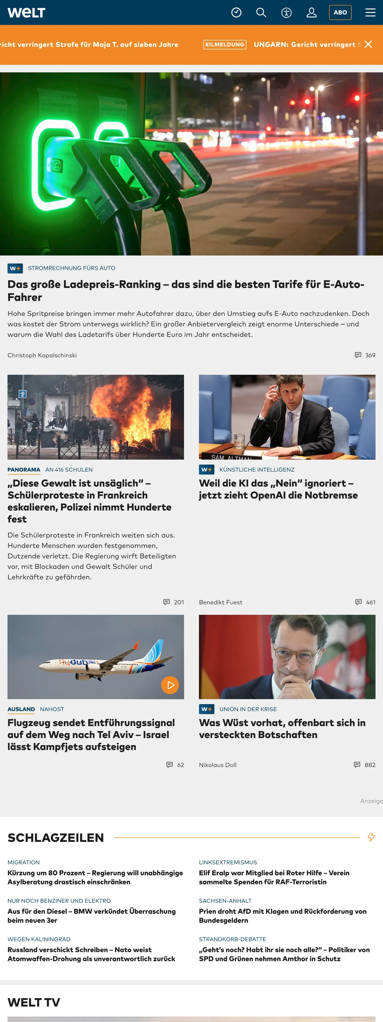 Screenshot of the WELT front page