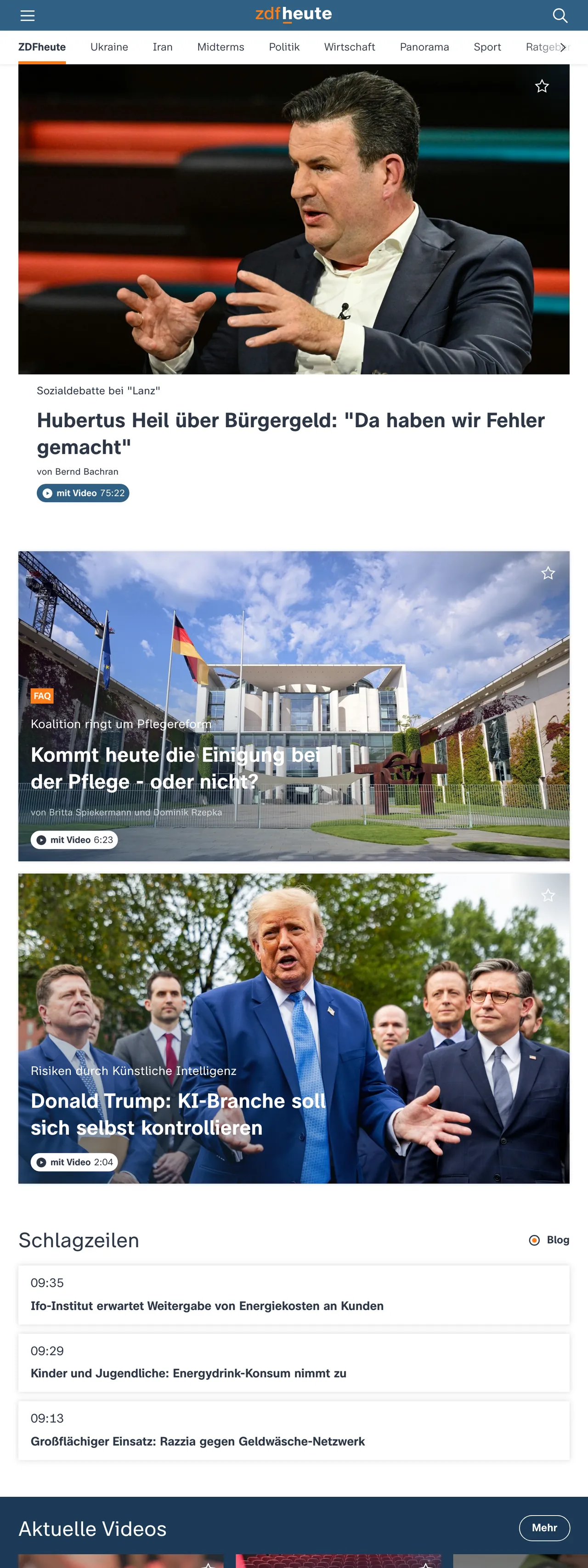Screenshot of the ZDFheute front page