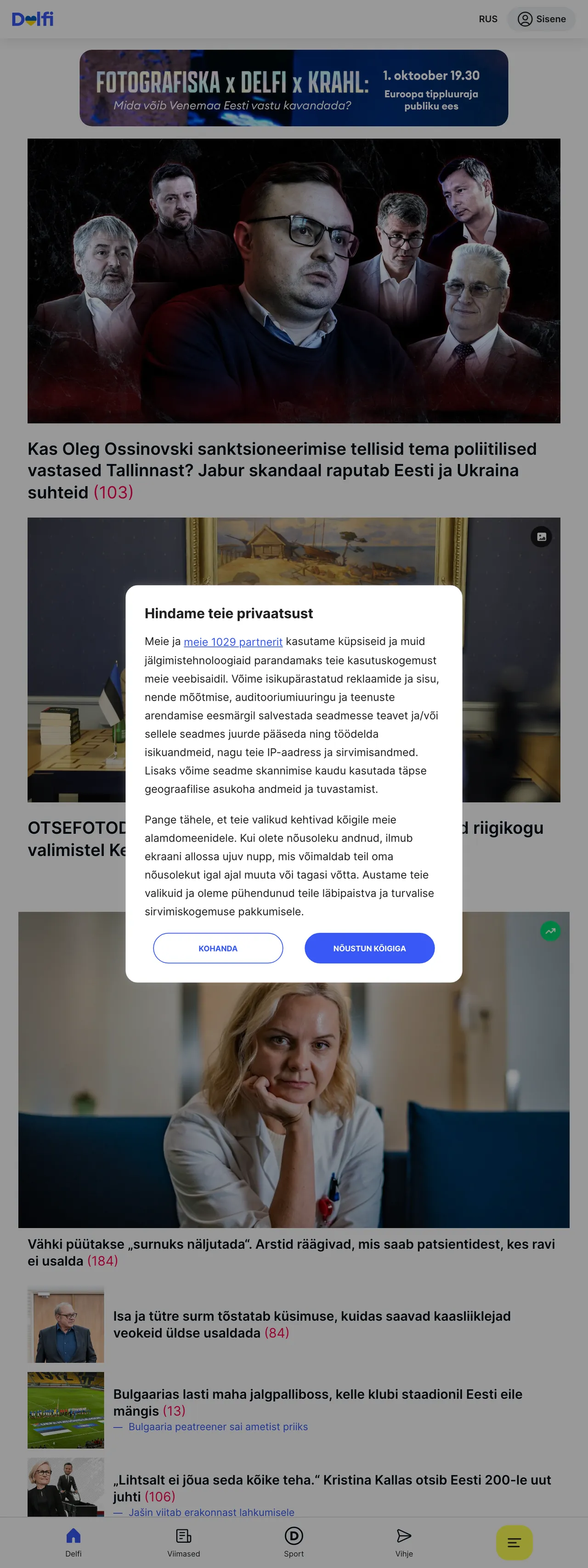 Screenshot of the Delfi front page