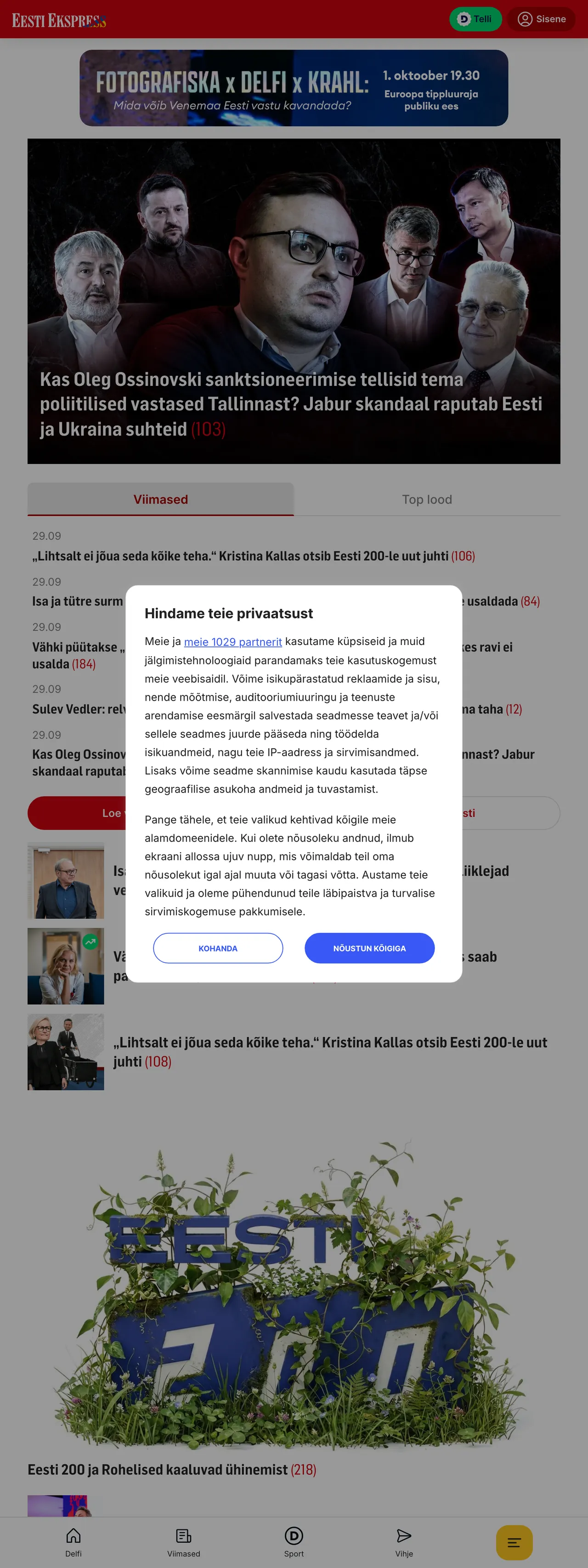 Screenshot of the Eesti Ekspress front page