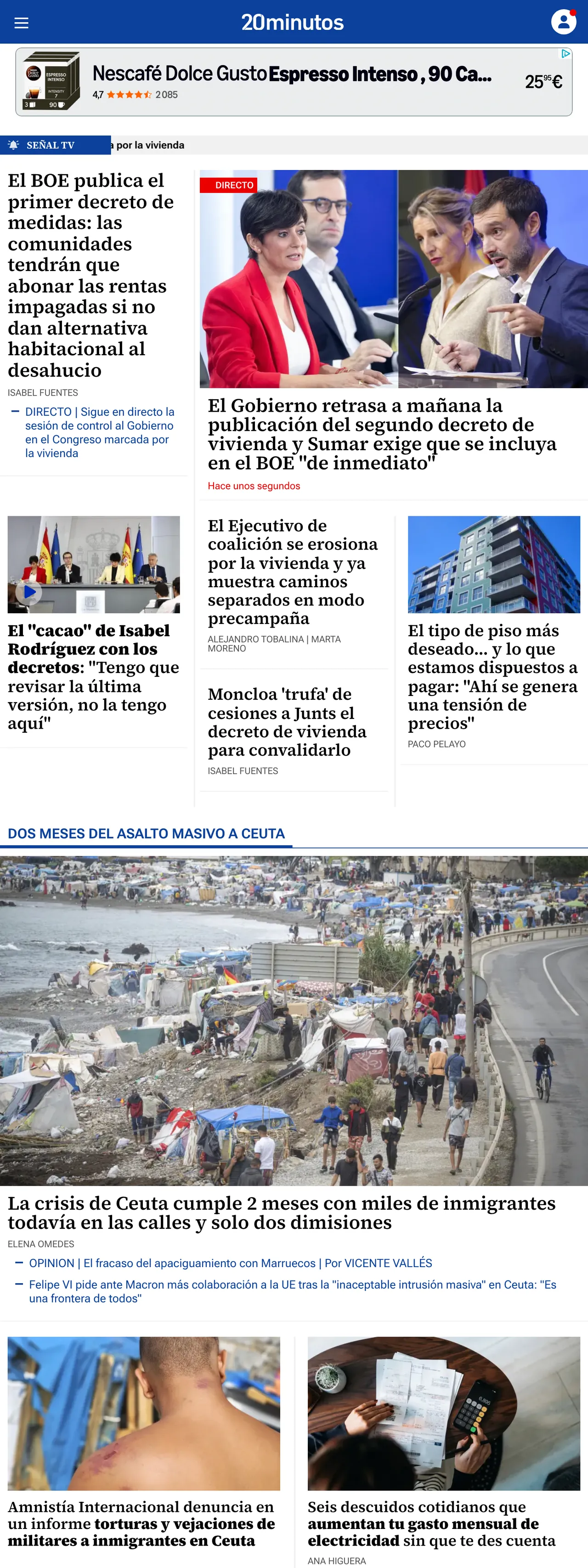 Screenshot of the 20minutos front page