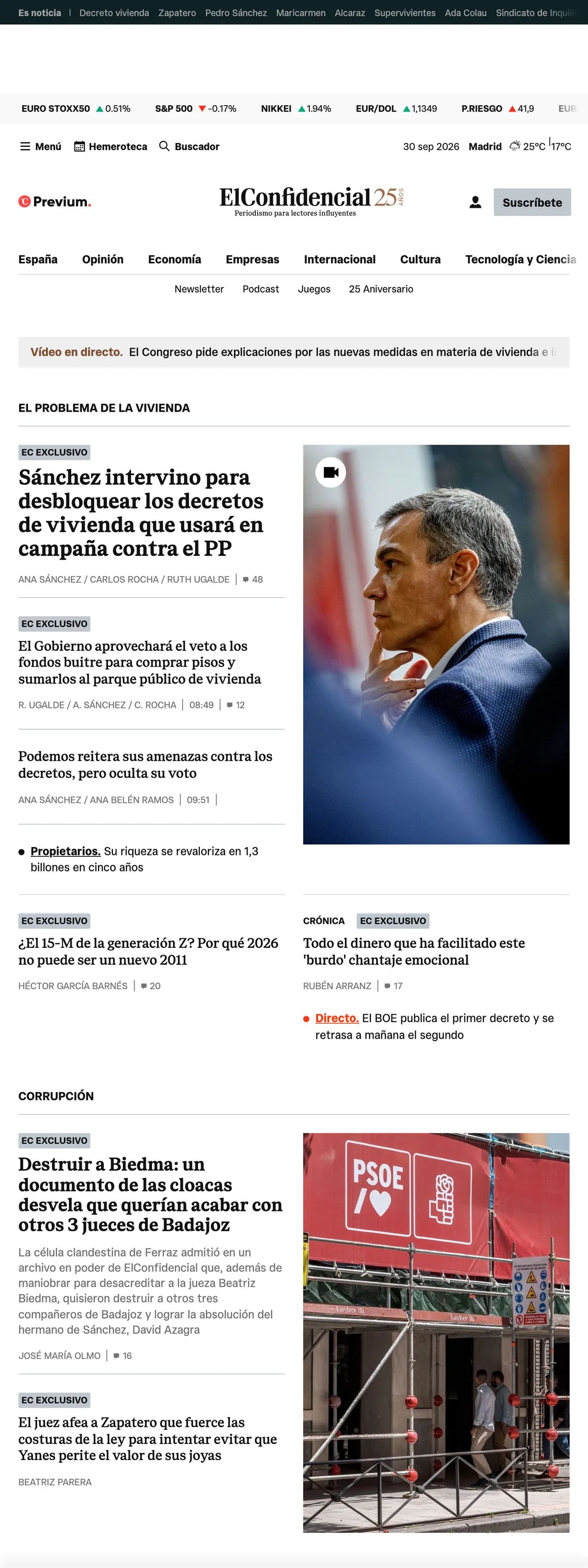 Screenshot of the El Confidencial front page