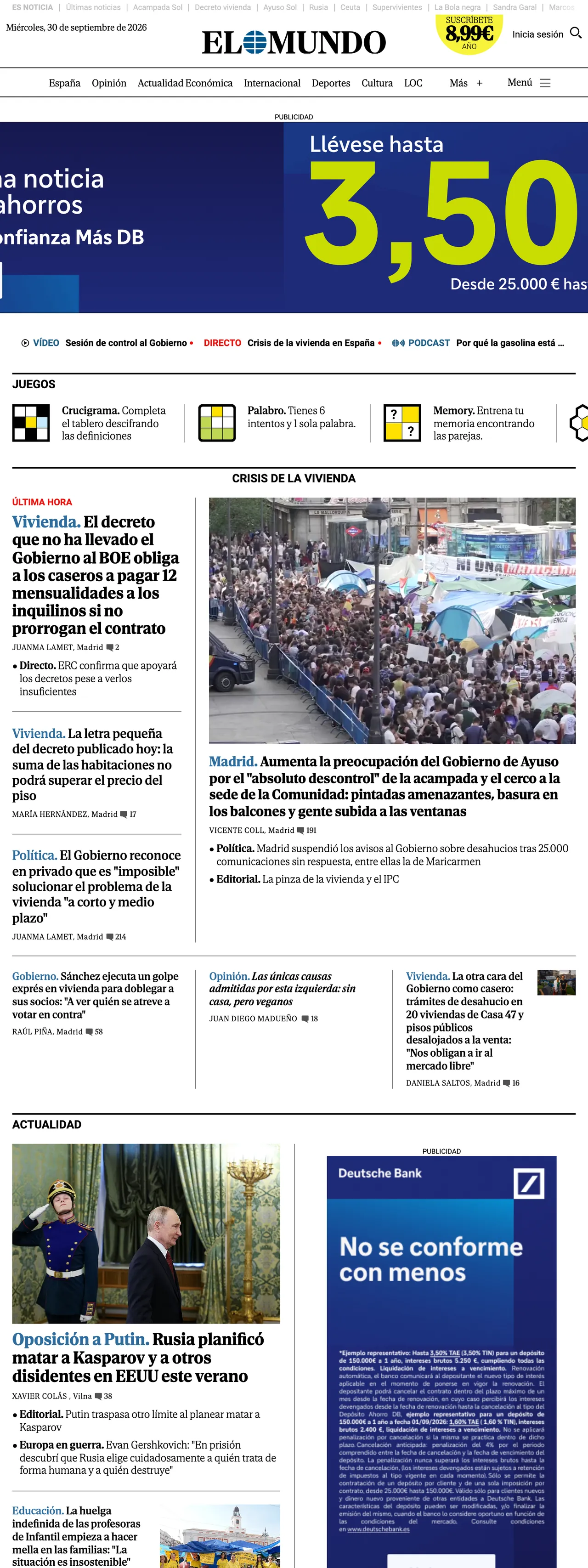 Screenshot of the El Mundo front page