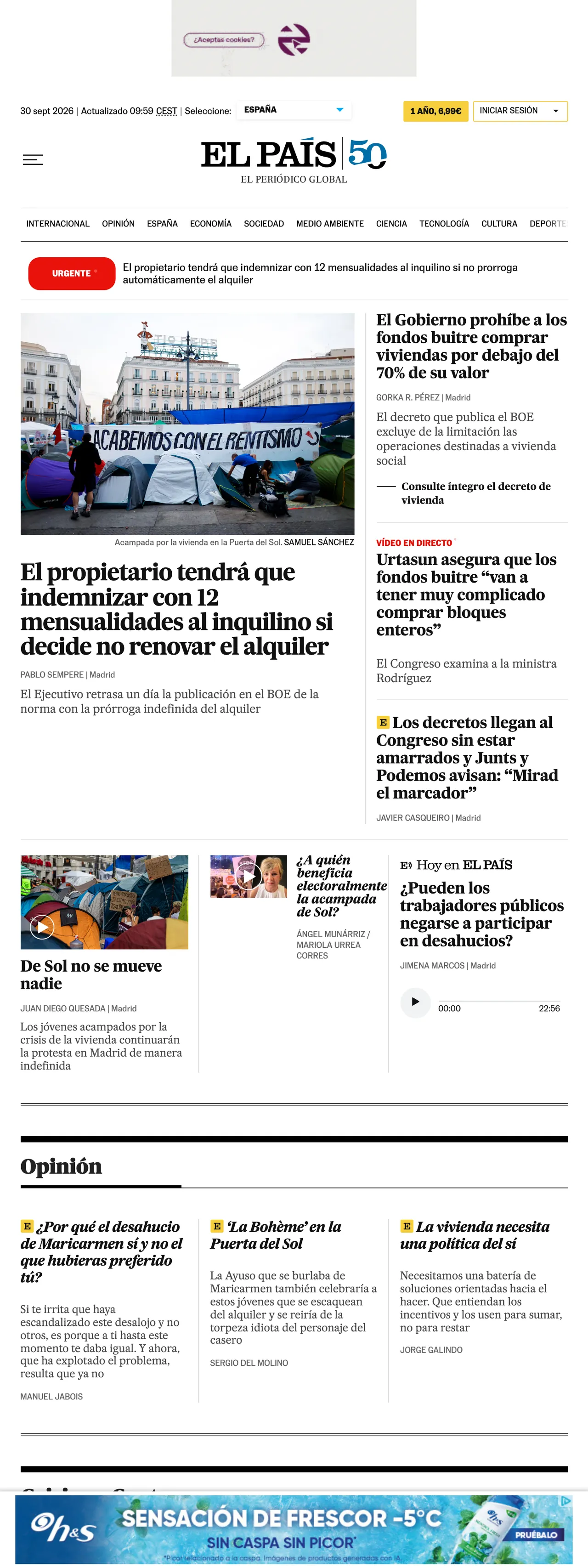 Screenshot of the EL PAÍS front page