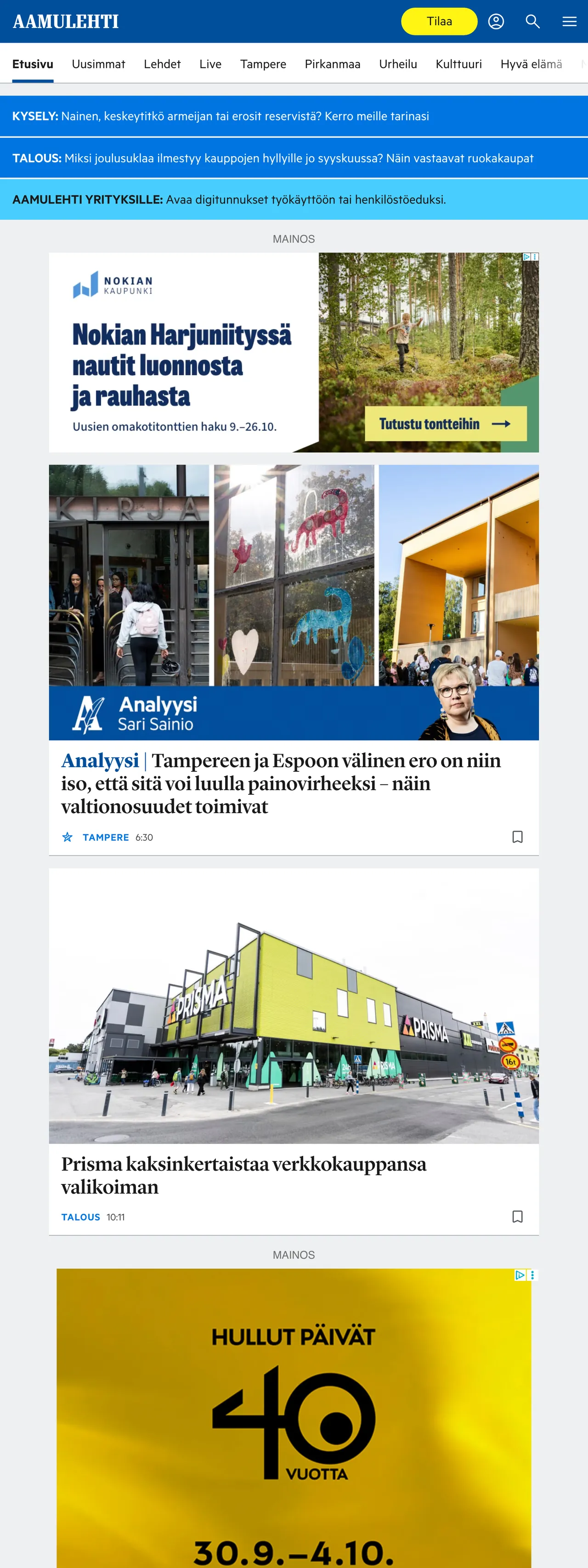 Screenshot of the Aamulehti front page