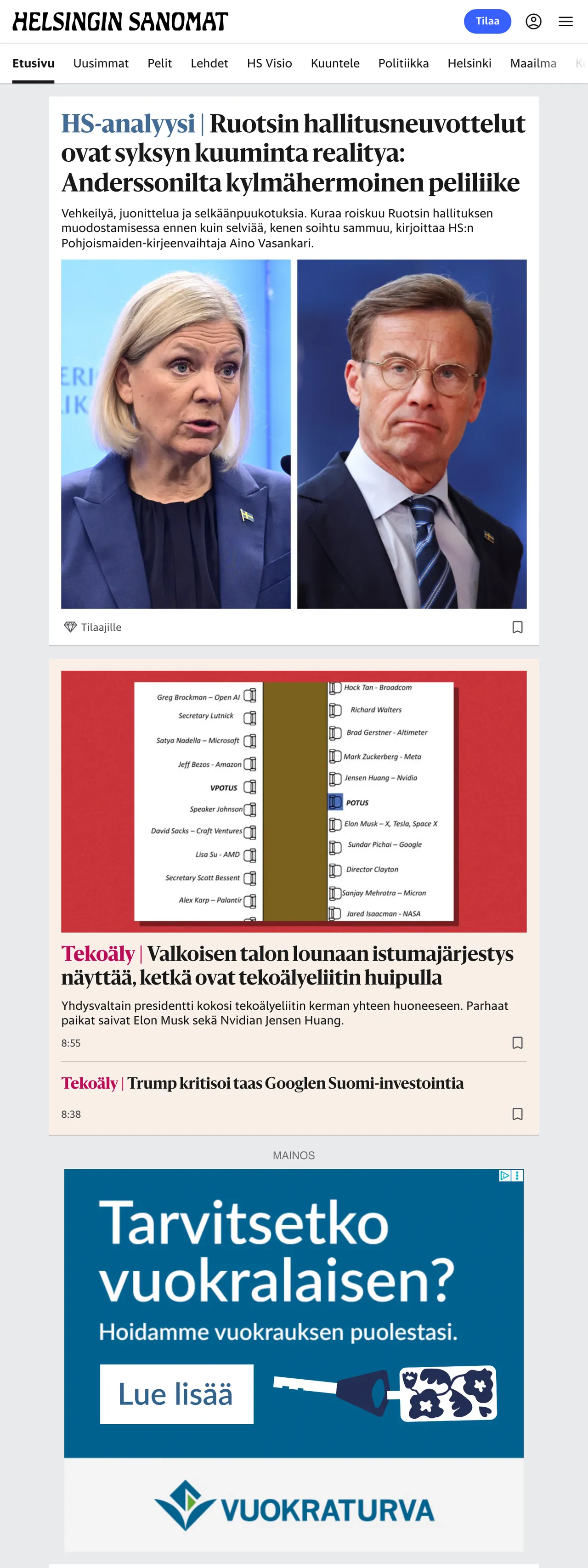 Screenshot of the Helsingin Sanomat front page