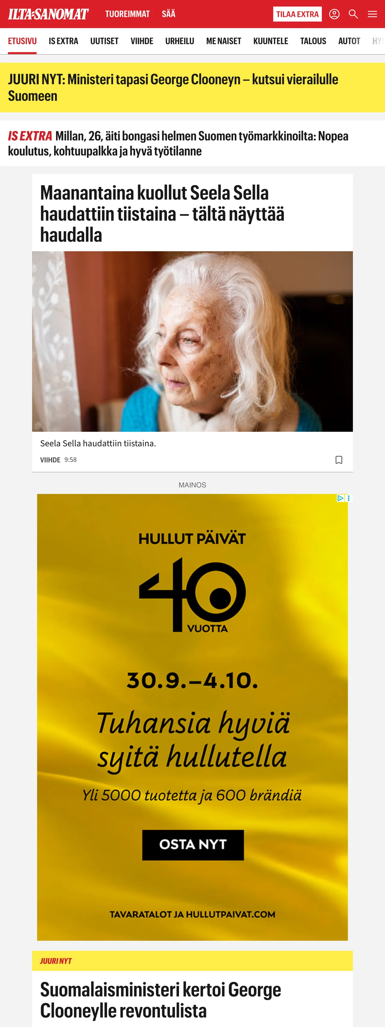 Screenshot of the Ilta-Sanomat front page