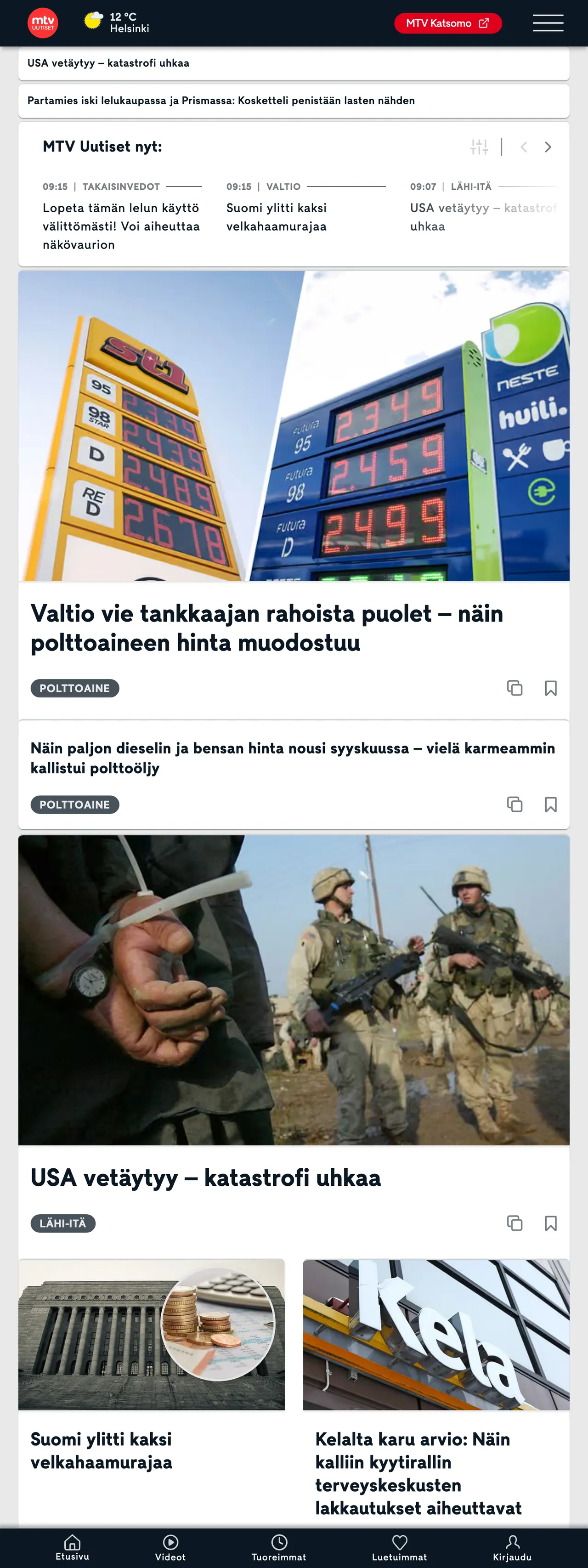 Screenshot of the MTV Uutiset front page