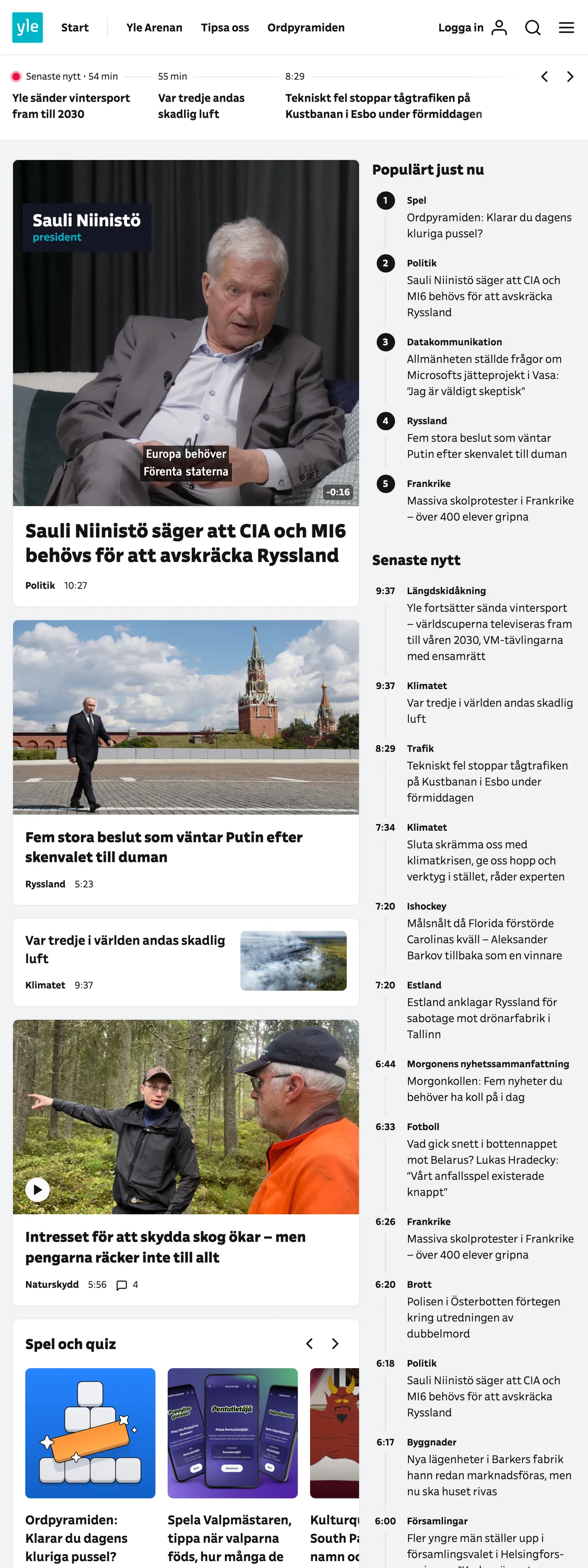 Screenshot of the Svenska Yle front page