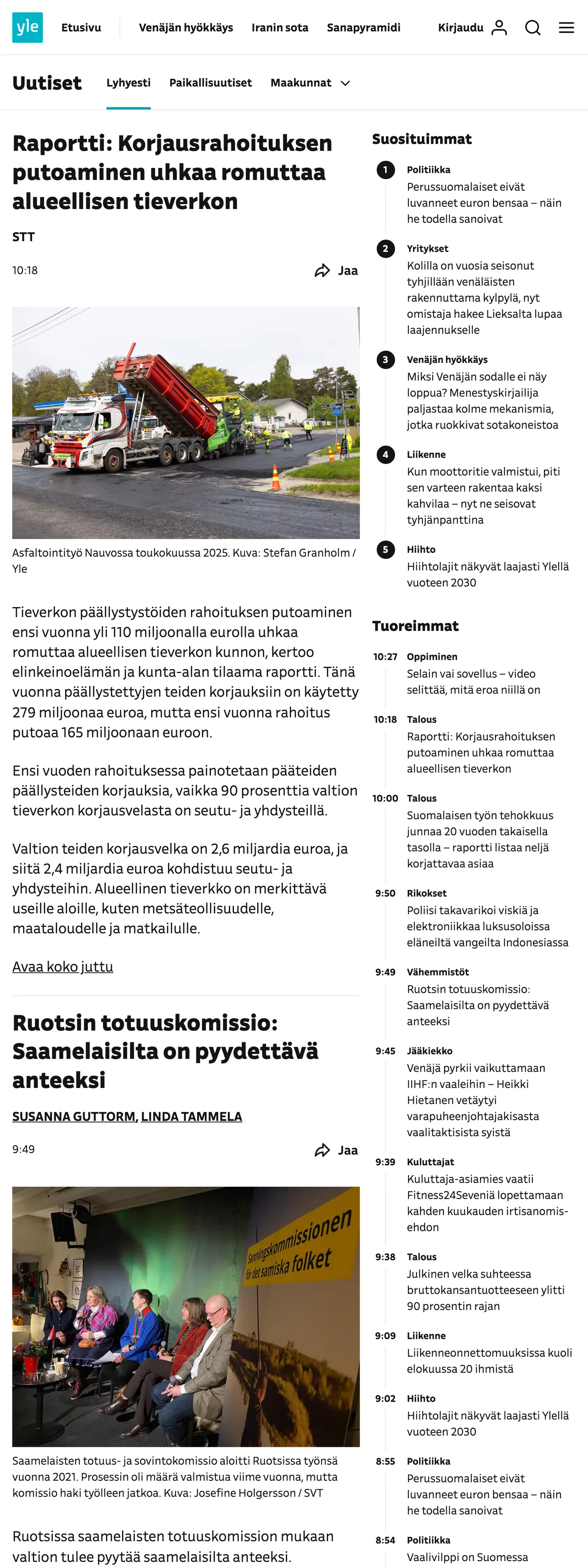 Screenshot of the Yle front page