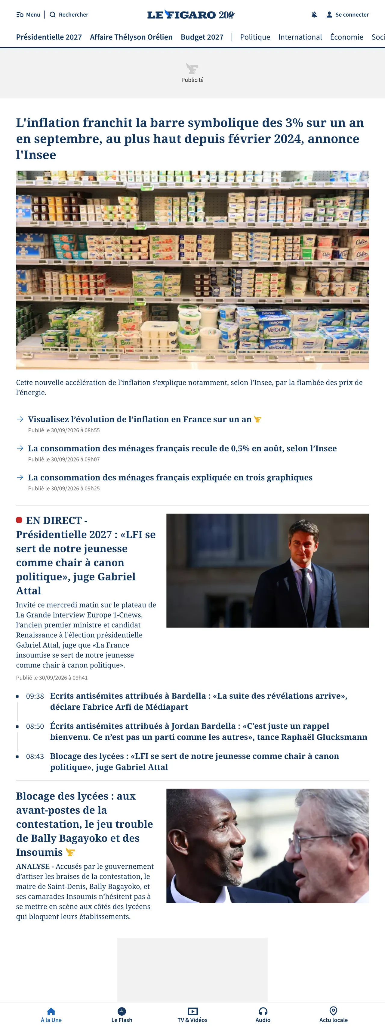Screenshot of the Le Figaro front page