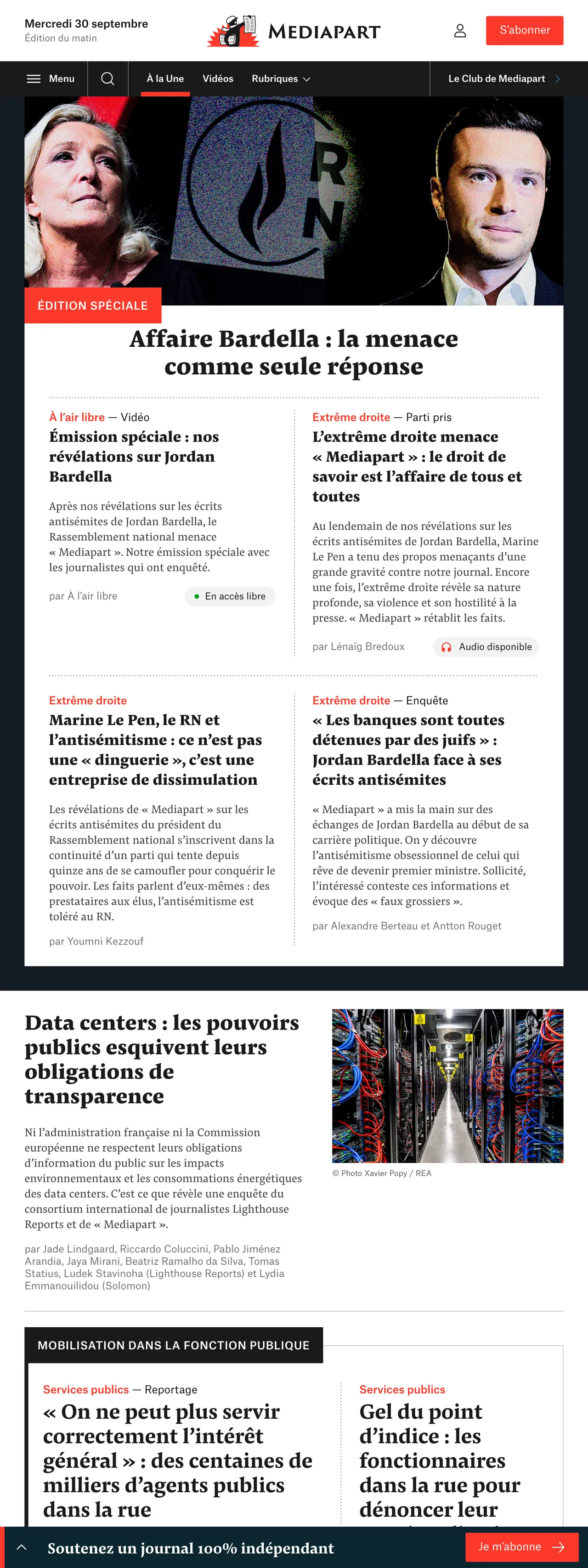 Screenshot of the Mediapart front page