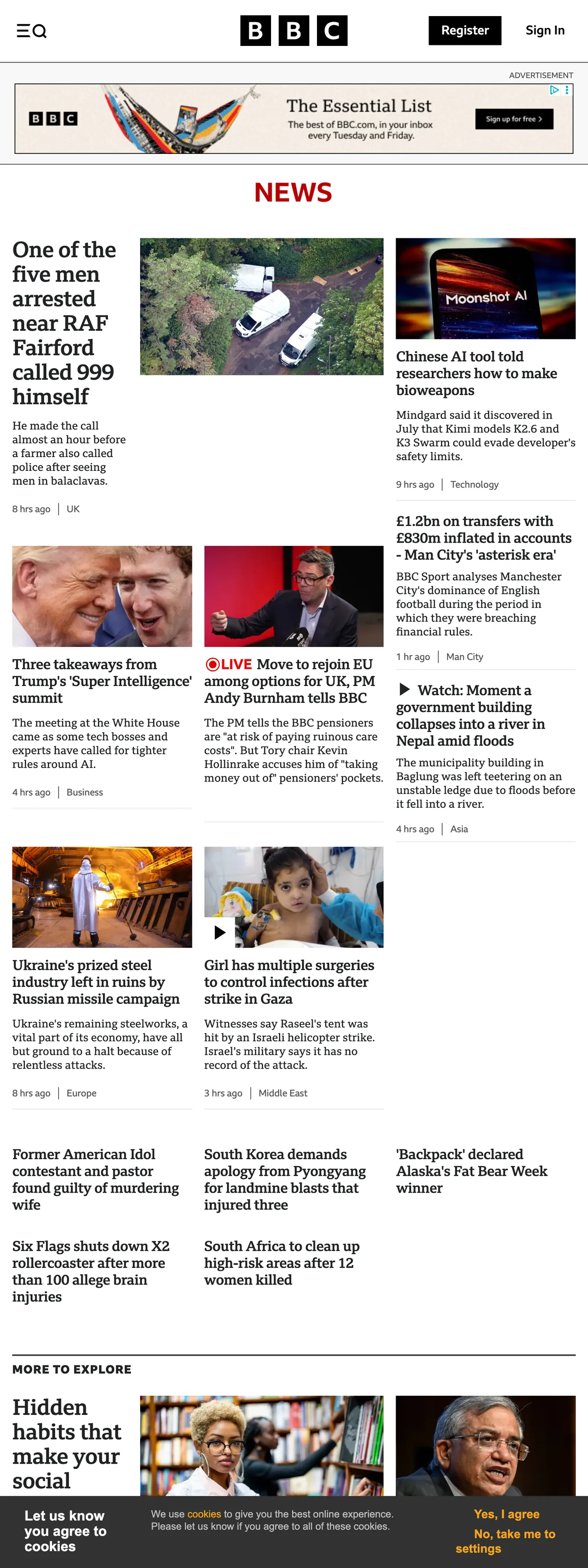 Screenshot of the BBC News front page