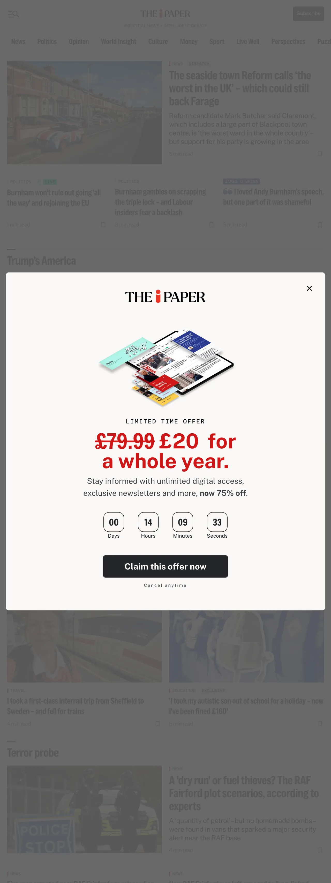 Screenshot of the The i Paper front page