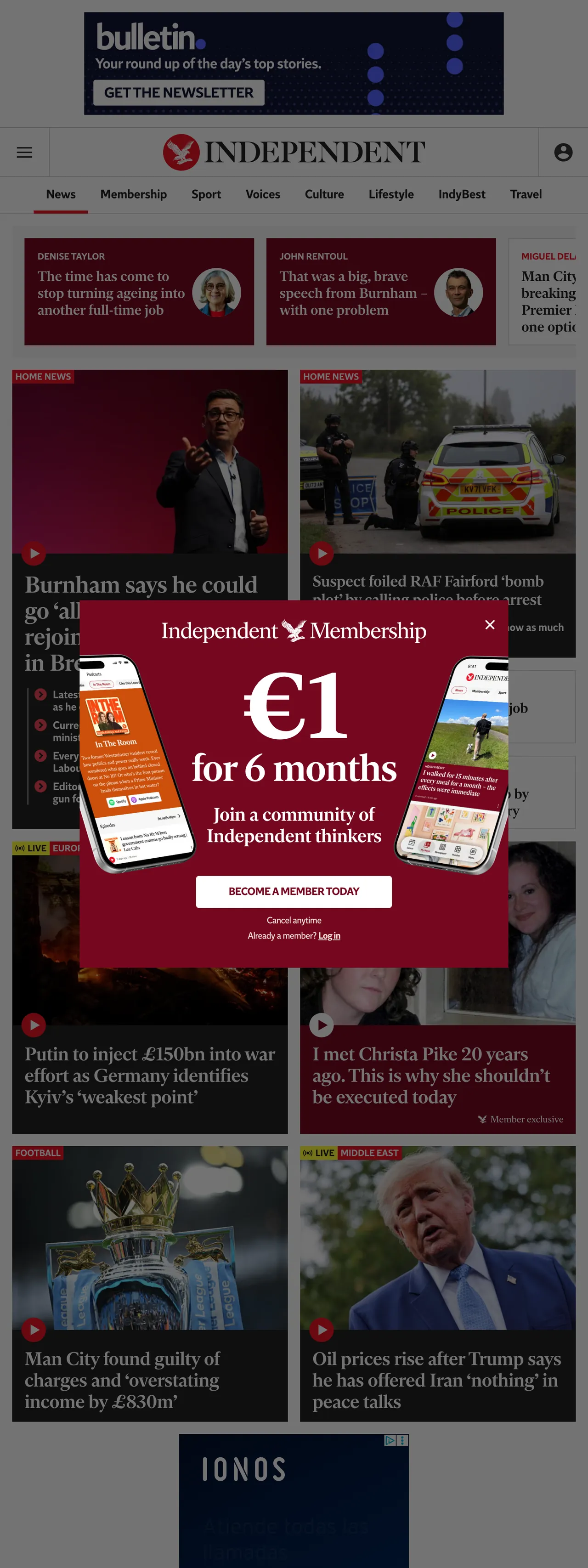 Screenshot of the The Independent front page