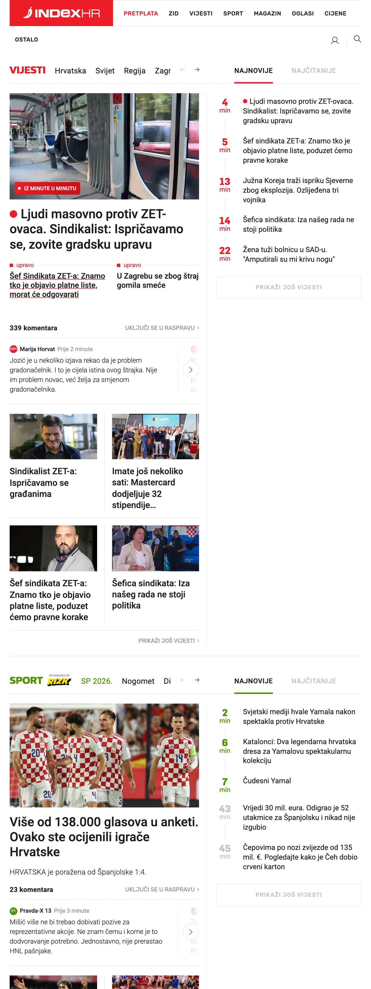 Screenshot of the Index.hr front page