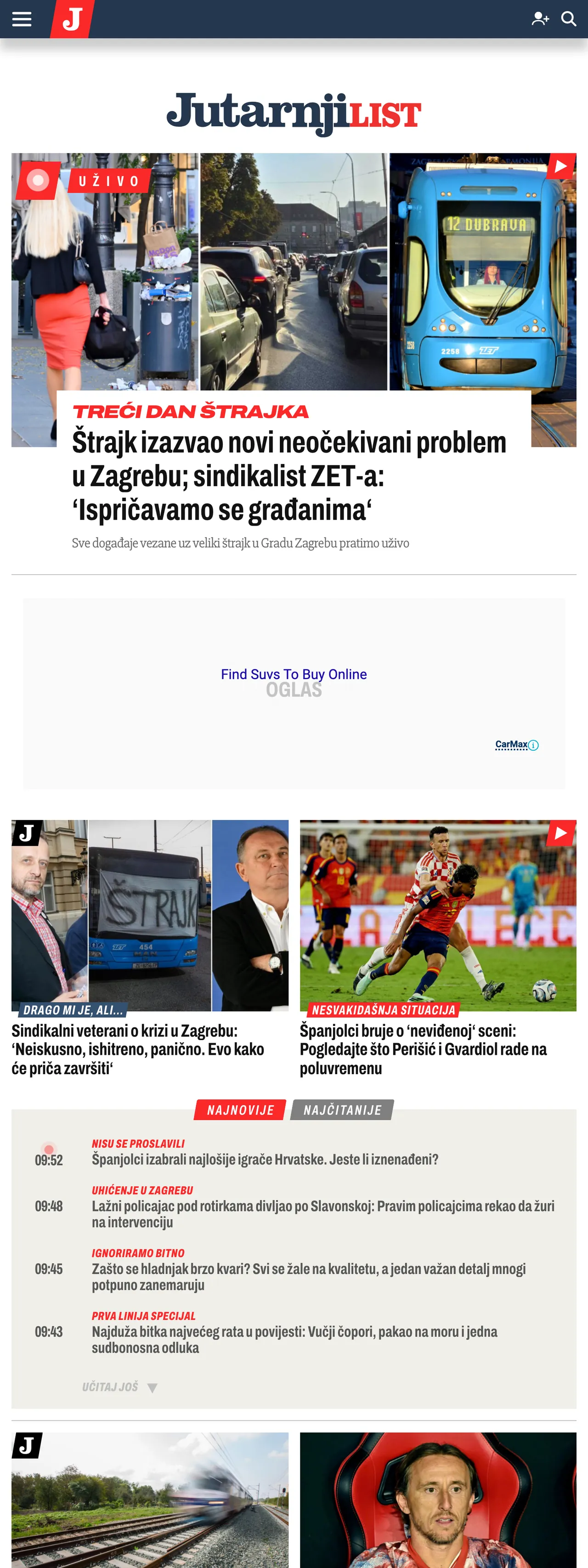 Screenshot of the Jutarnji list front page