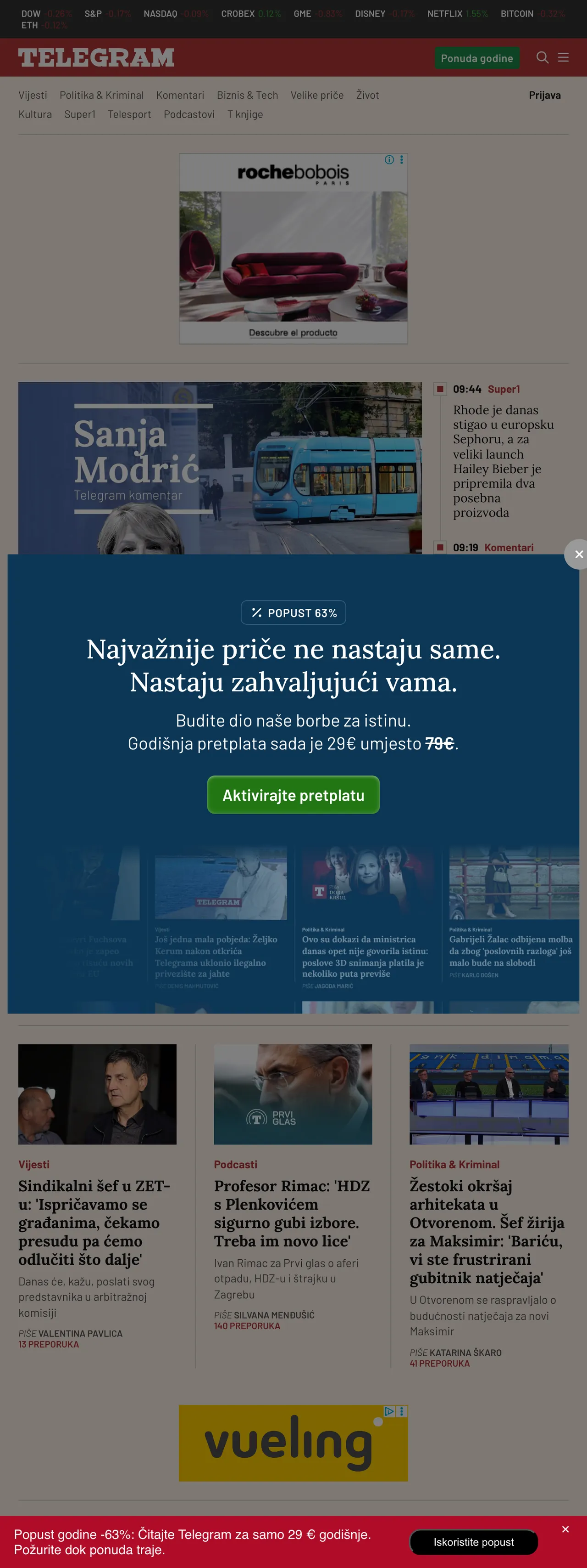 Screenshot of the Telegram.hr front page