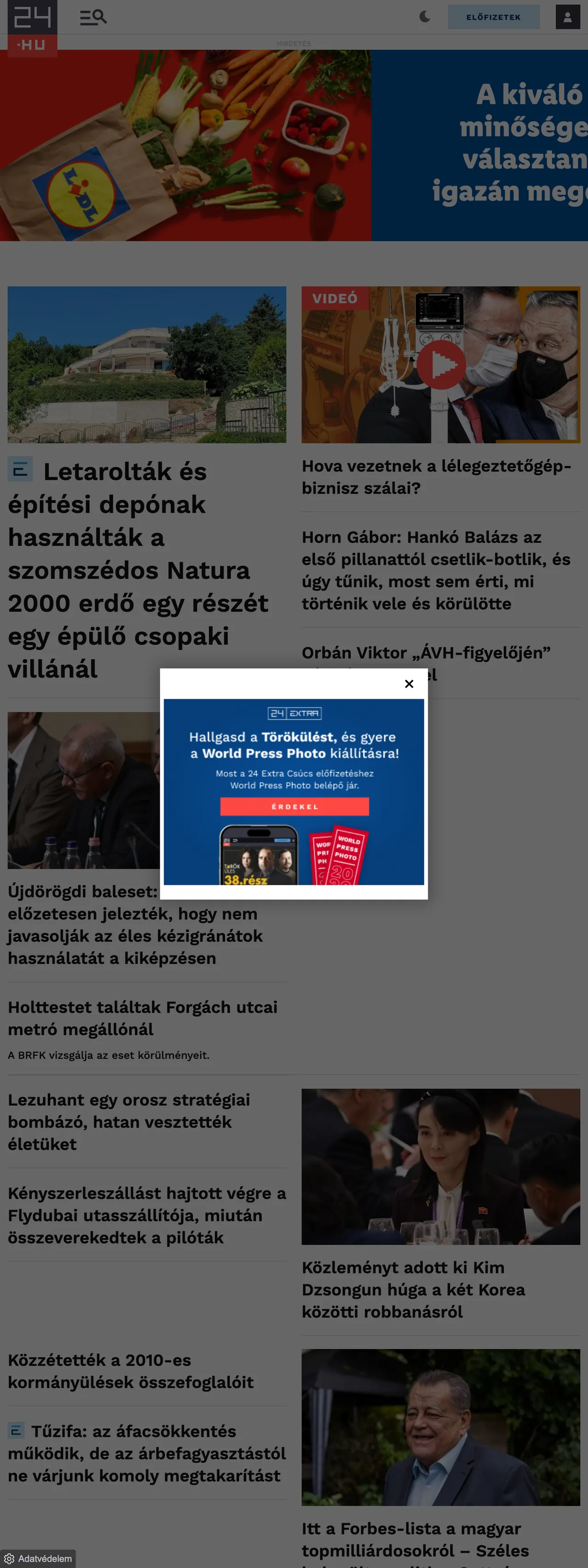 Screenshot of the 24.hu front page