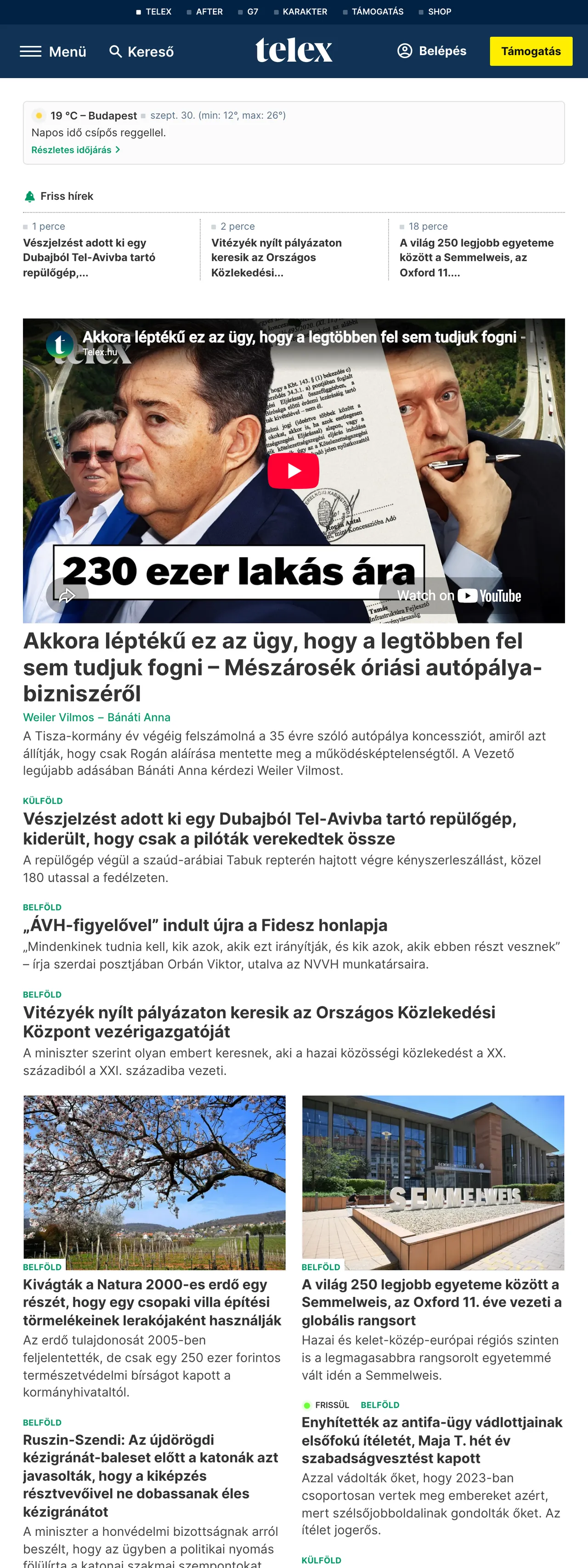 Screenshot of the Telex front page