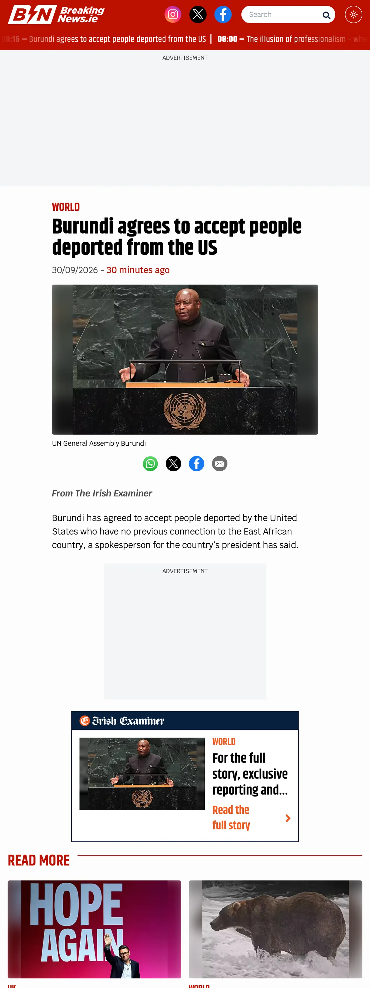 Screenshot of the BreakingNews.ie front page
