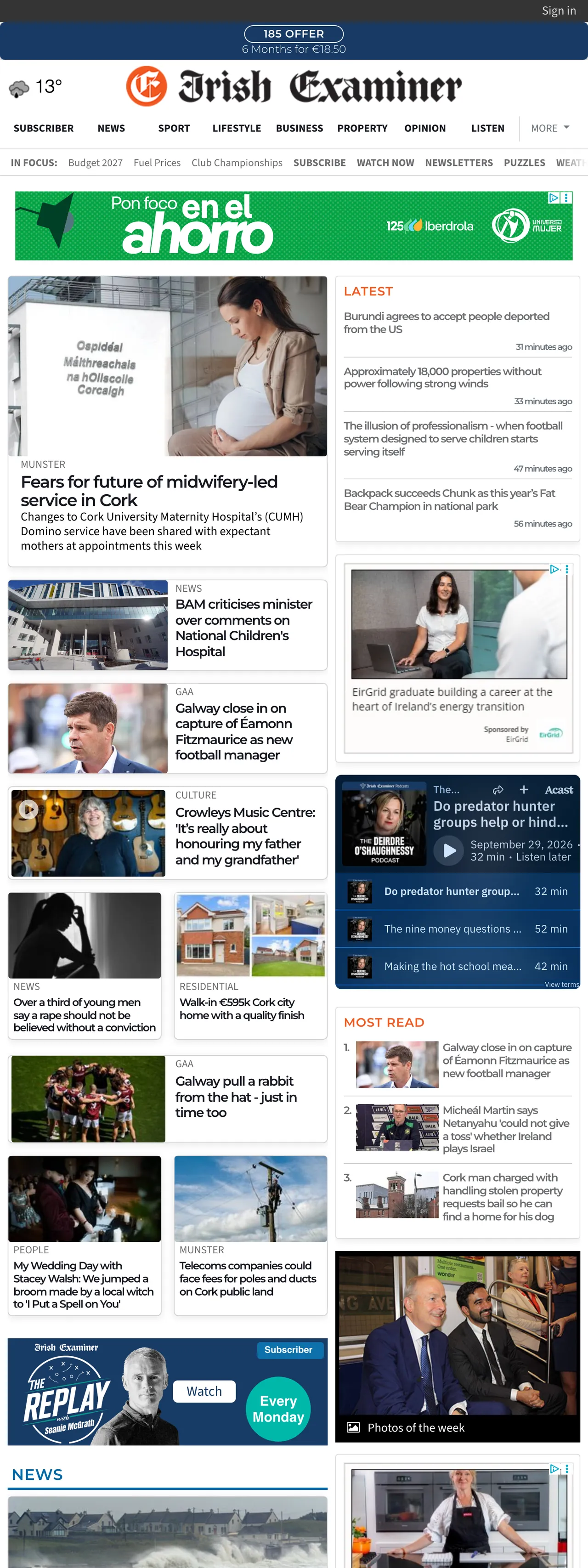 Screenshot of the Irish Examiner front page