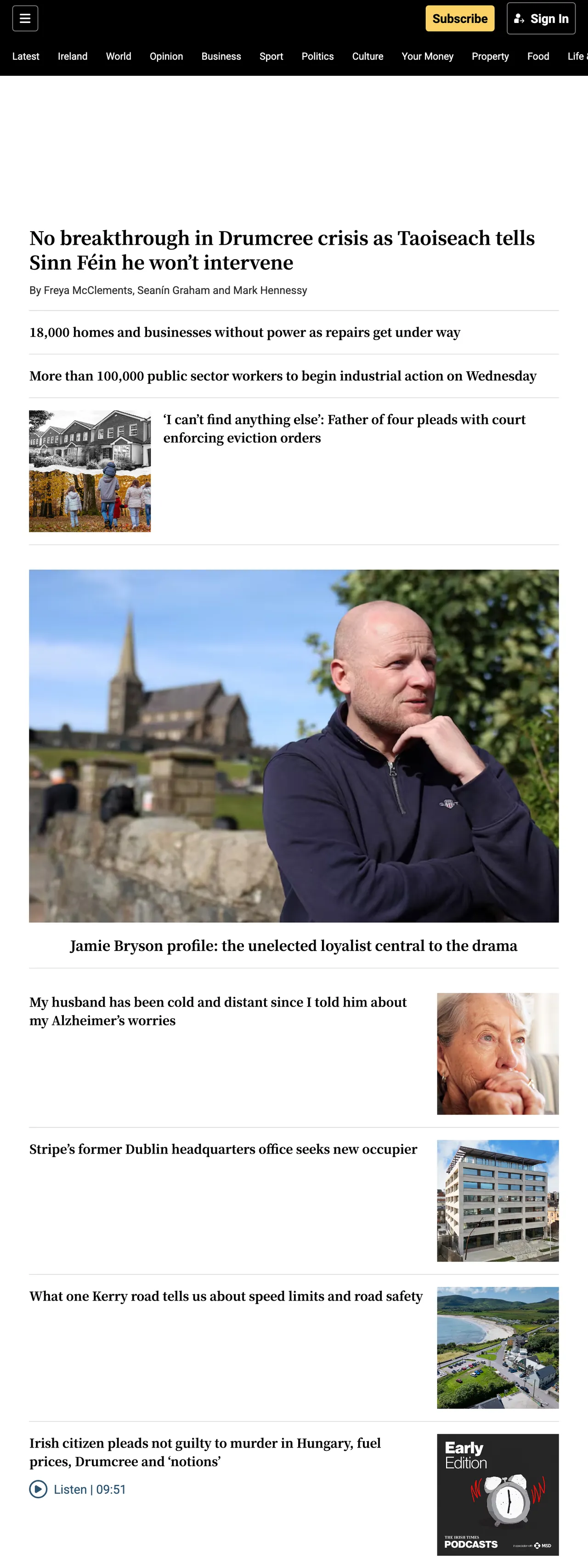 Screenshot of the The Irish Times front page