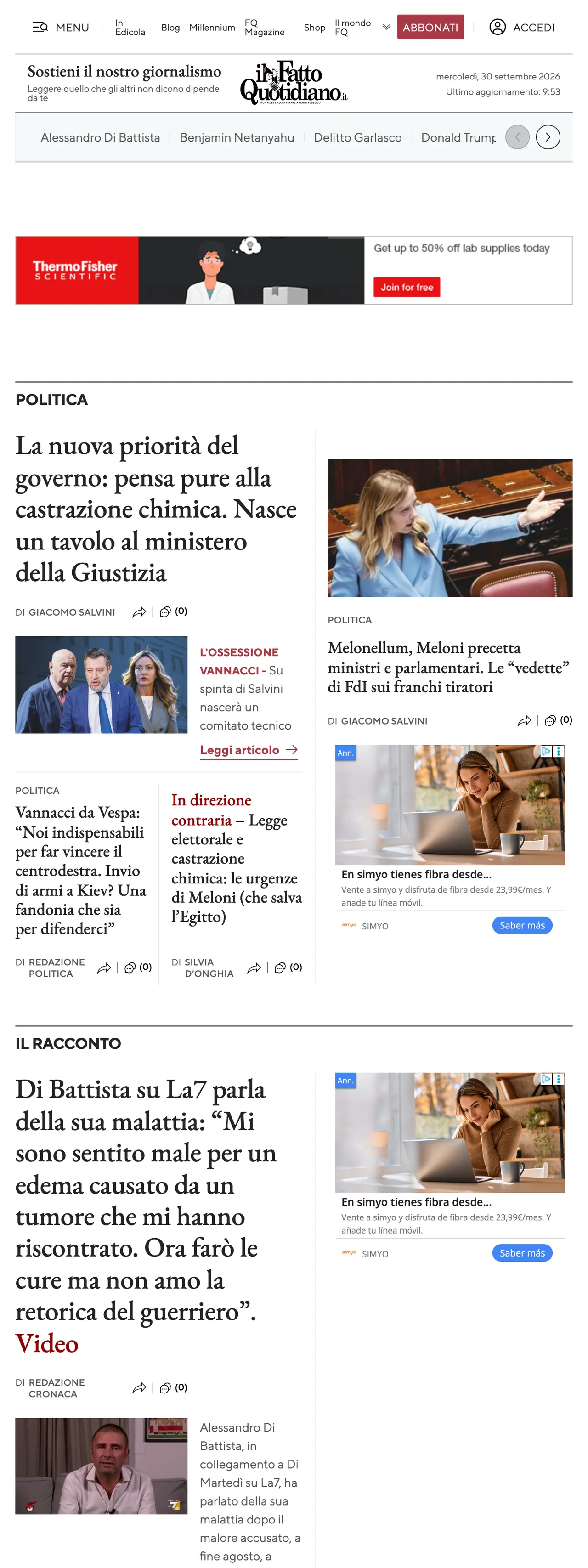 Screenshot of the Il Fatto Quotidiano front page