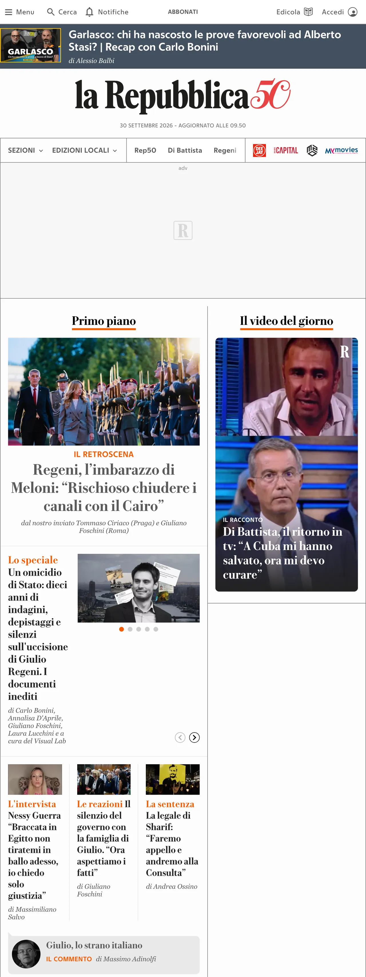 Screenshot of the la Repubblica front page