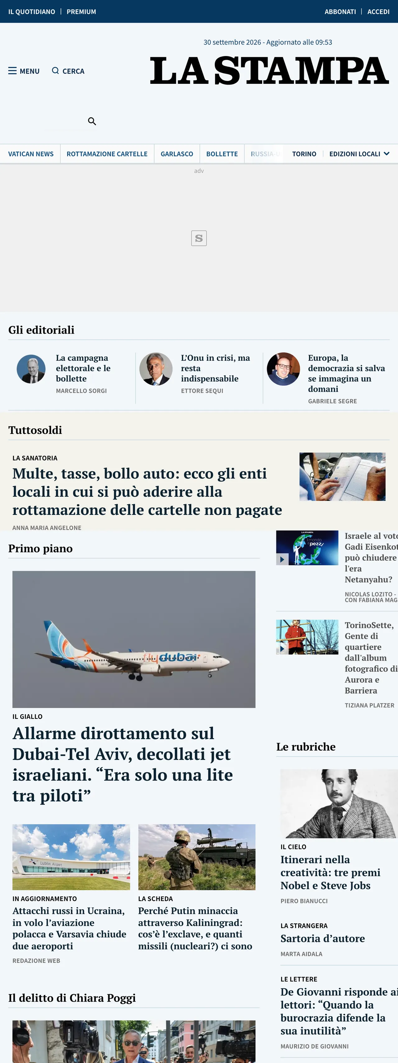 Screenshot of the La Stampa front page