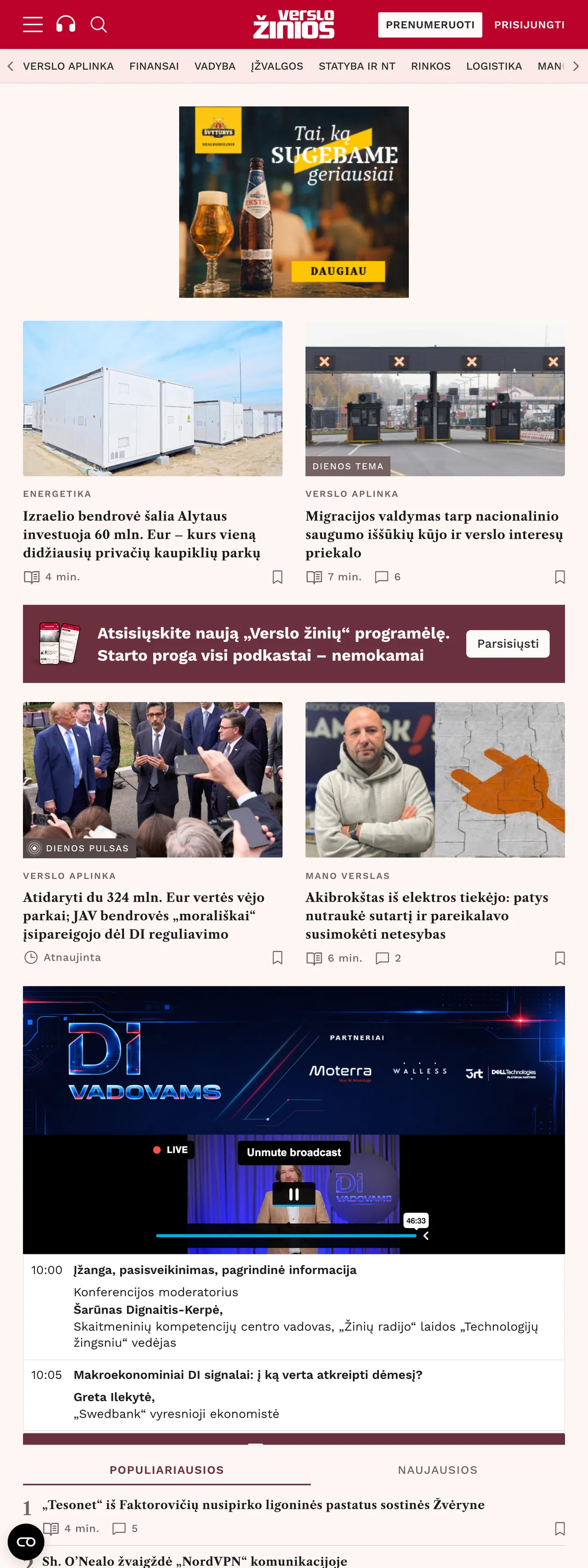 Screenshot of the Verslo žinios front page