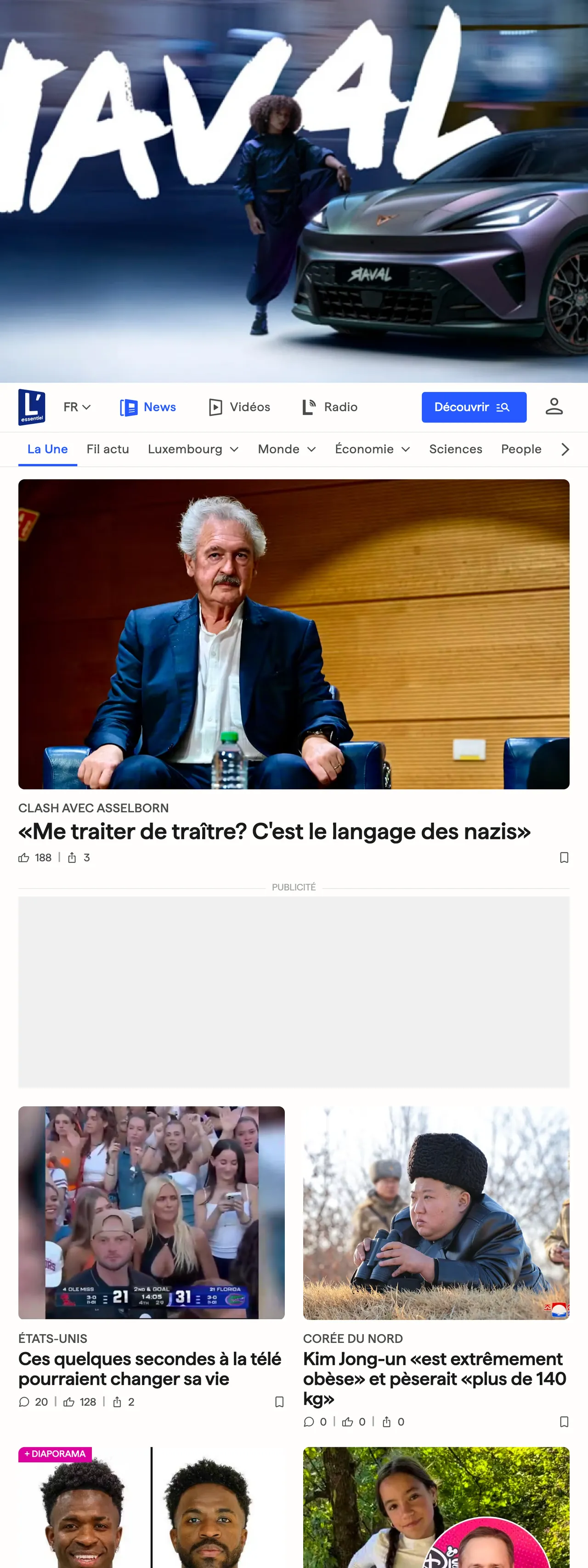 Screenshot of the L'essentiel front page