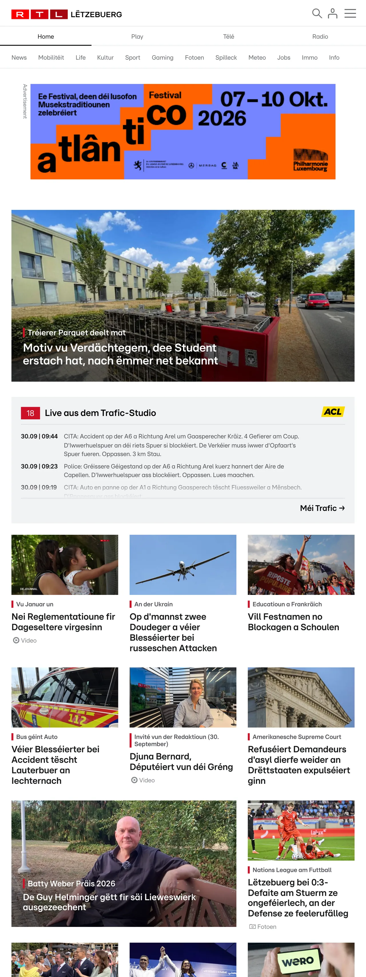 Screenshot of the RTL Lëtzebuerg front page