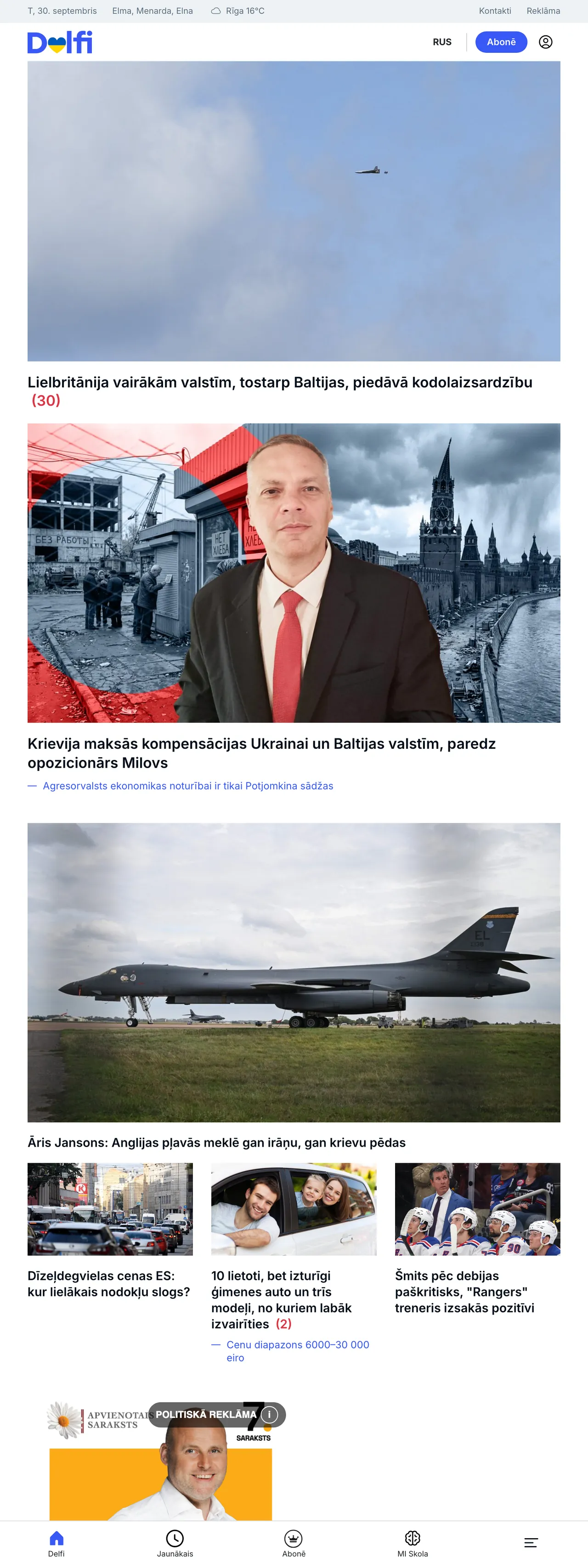 Screenshot of the Delfi front page