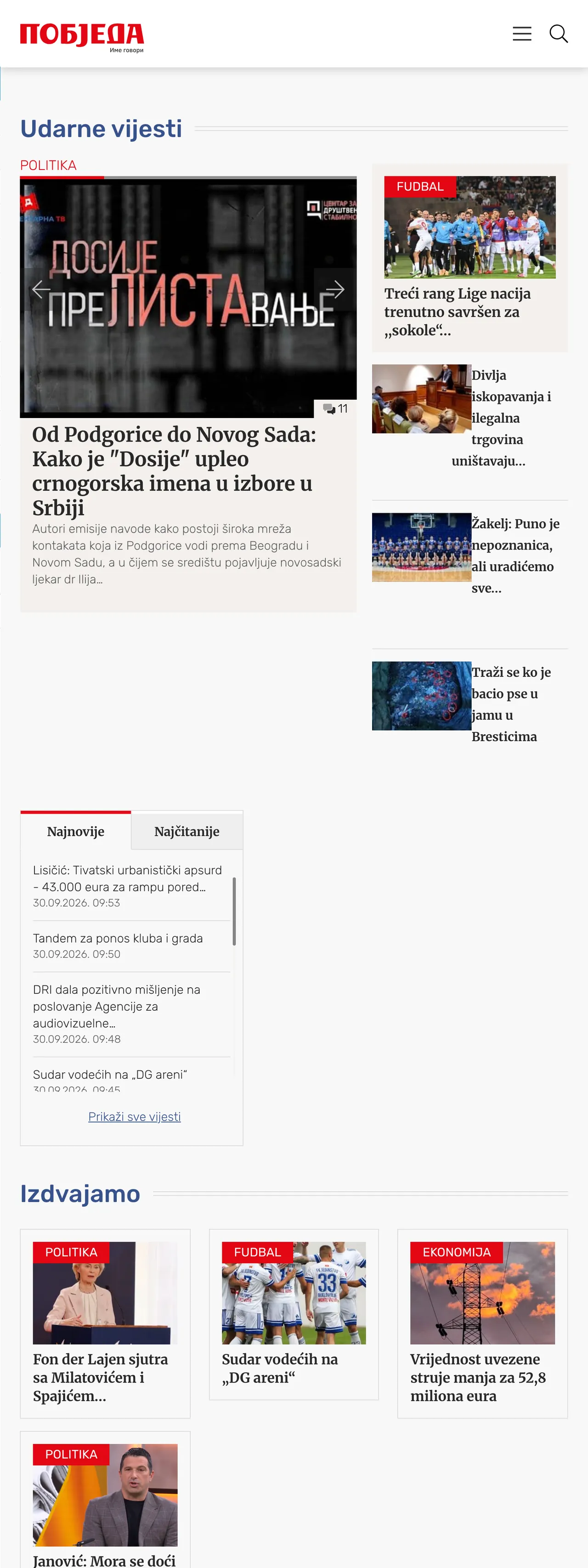 Screenshot of the Pobjeda front page