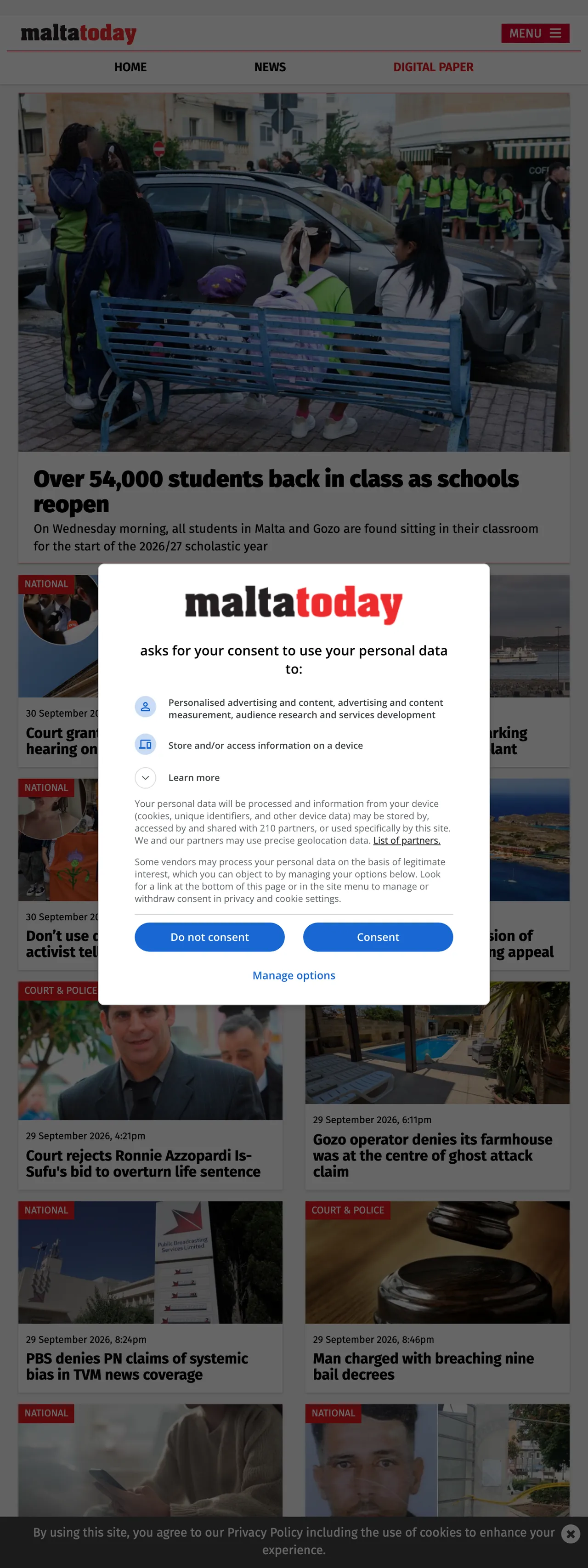 Screenshot of the Malta Today front page