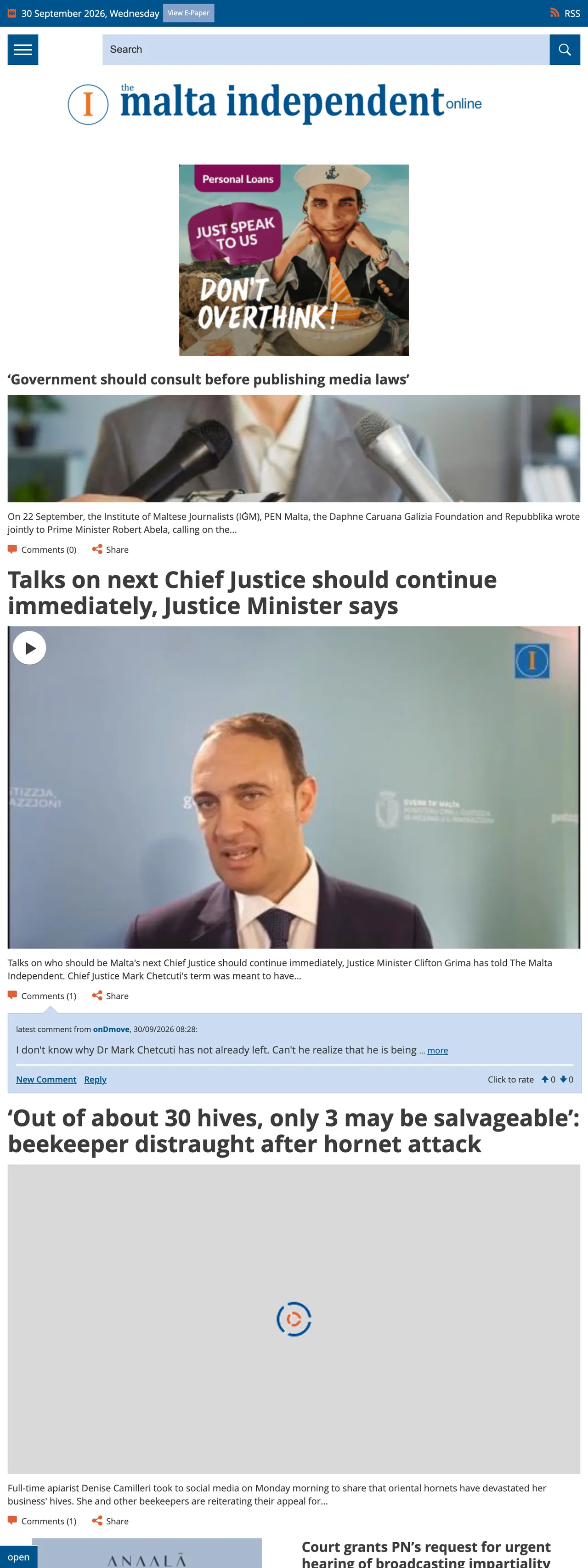 Screenshot of the The Malta Independent front page