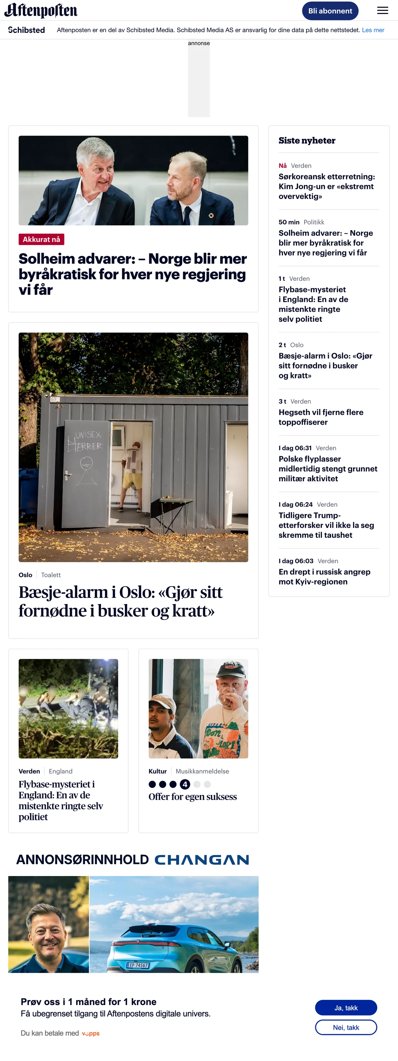 Screenshot of the Aftenposten front page