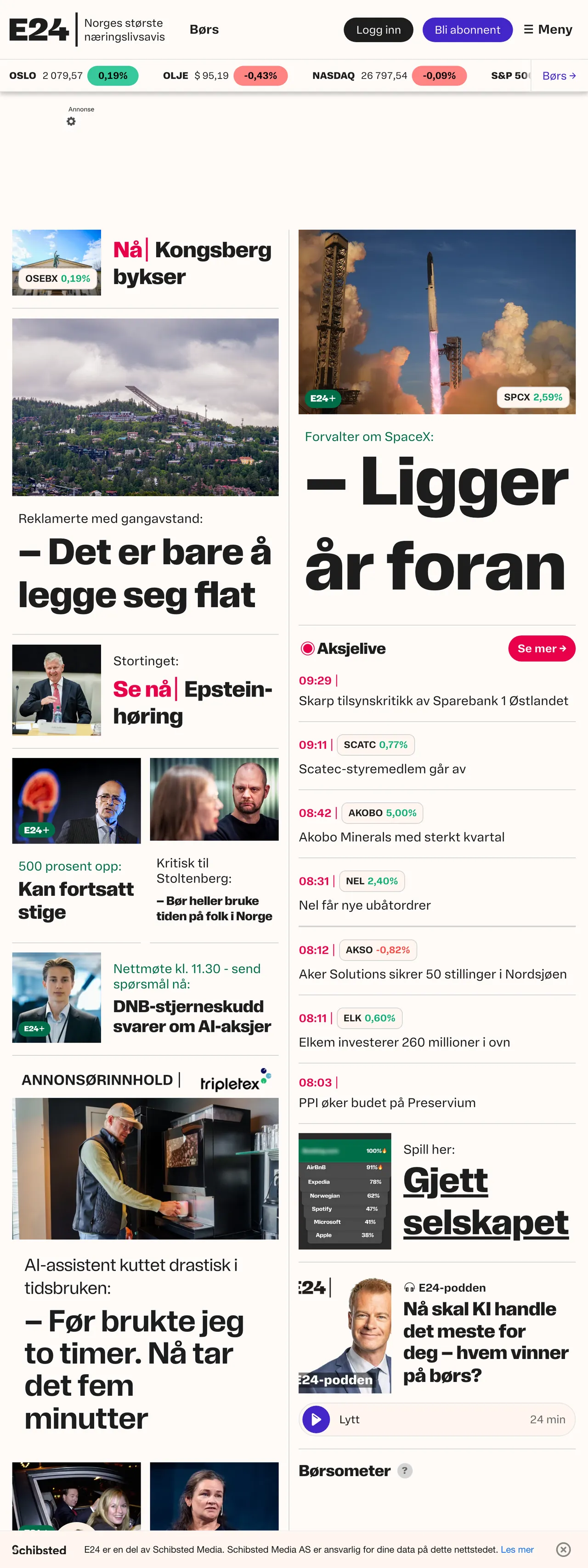 Screenshot of the E24 front page