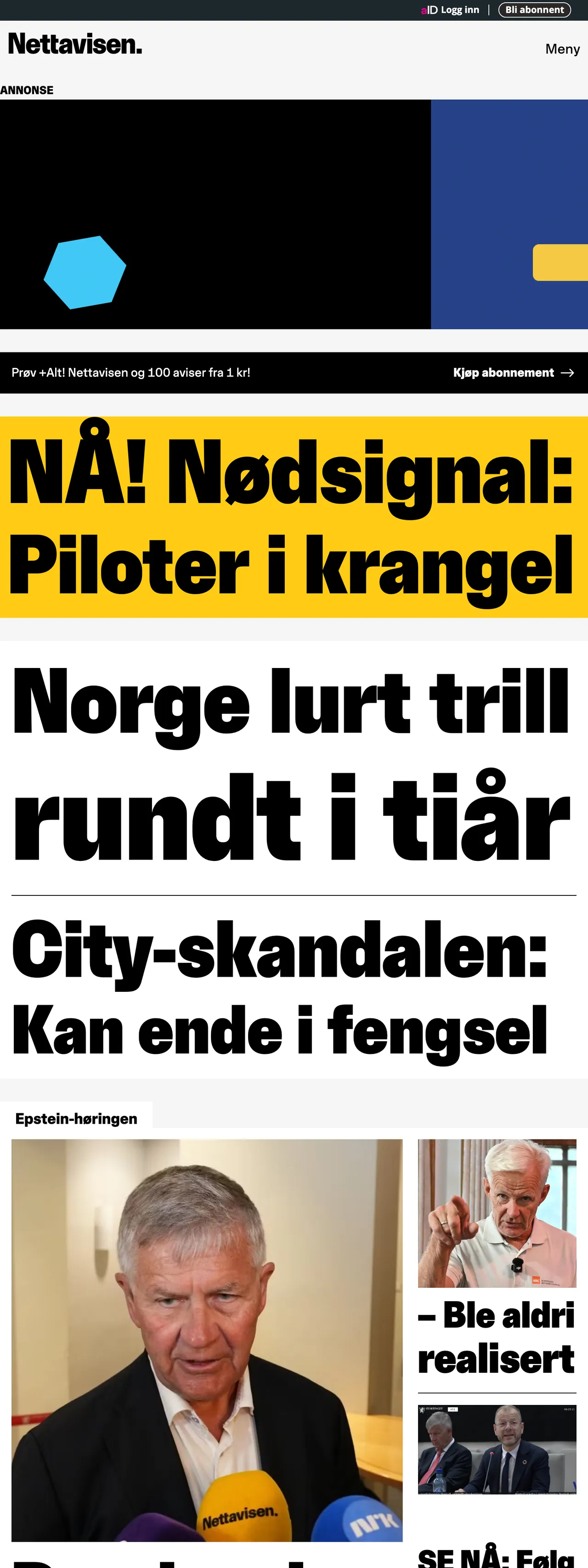 Screenshot of the Nettavisen front page