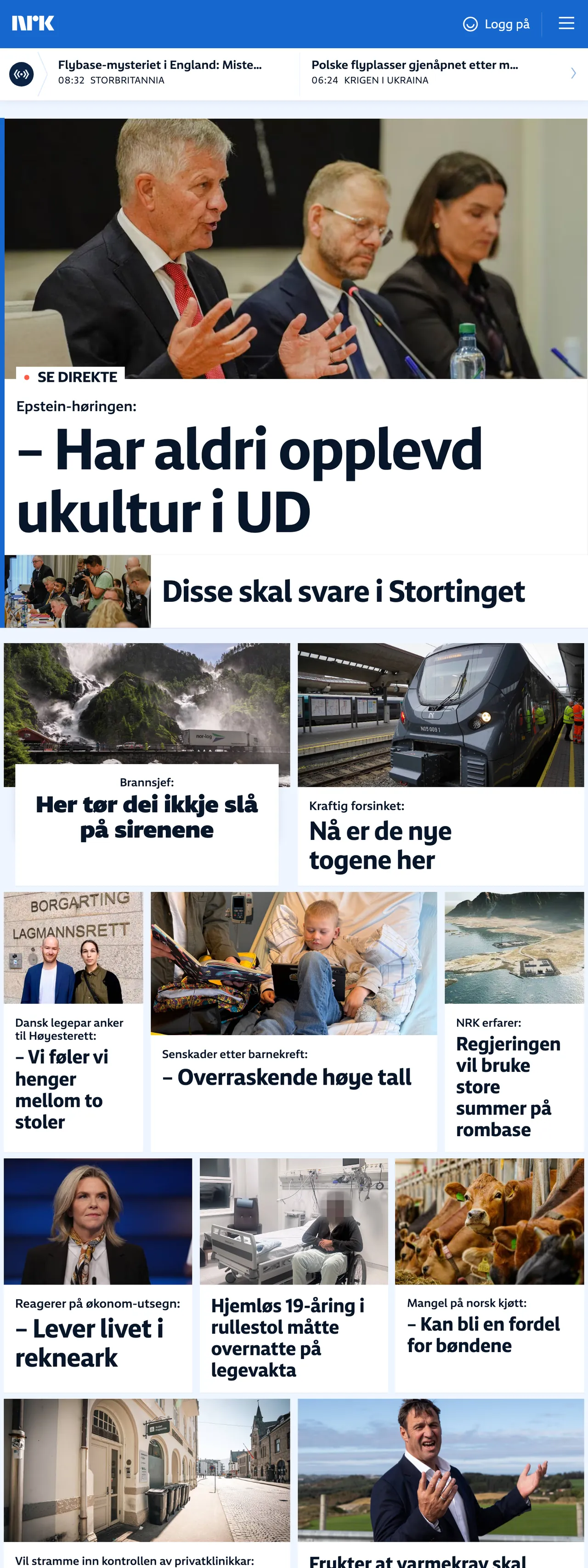 Screenshot of the NRK front page