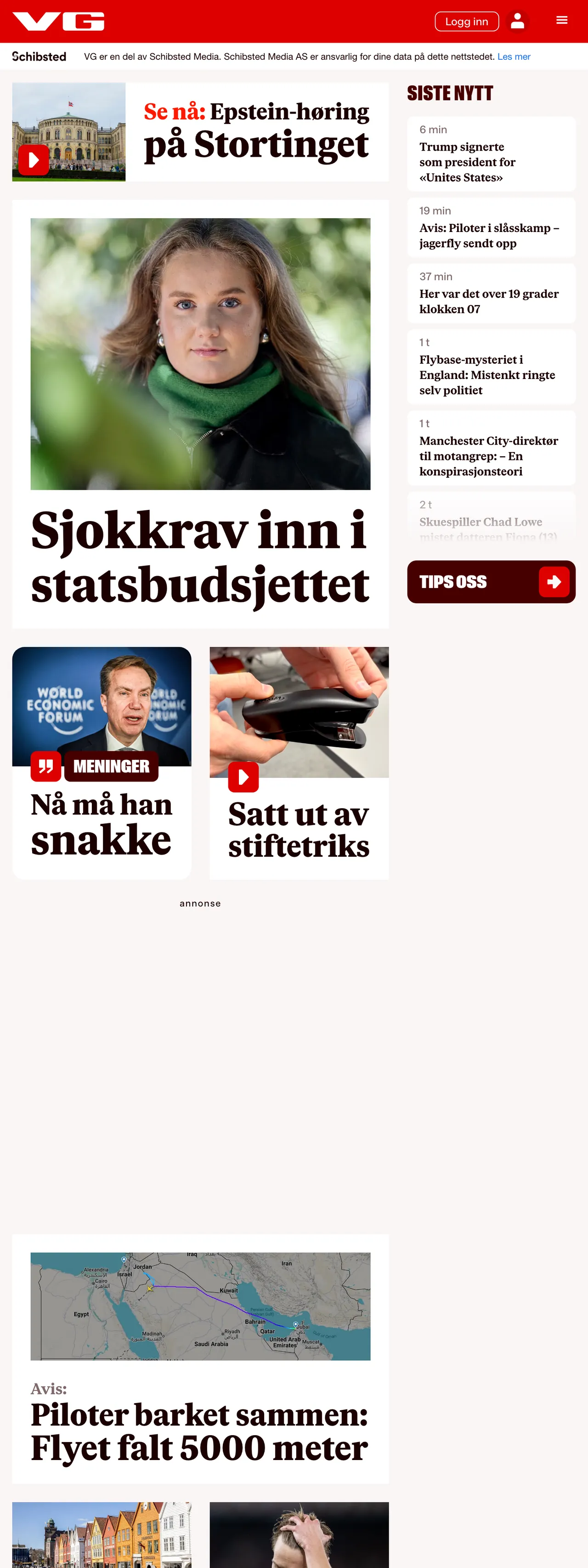 Screenshot of the VG front page