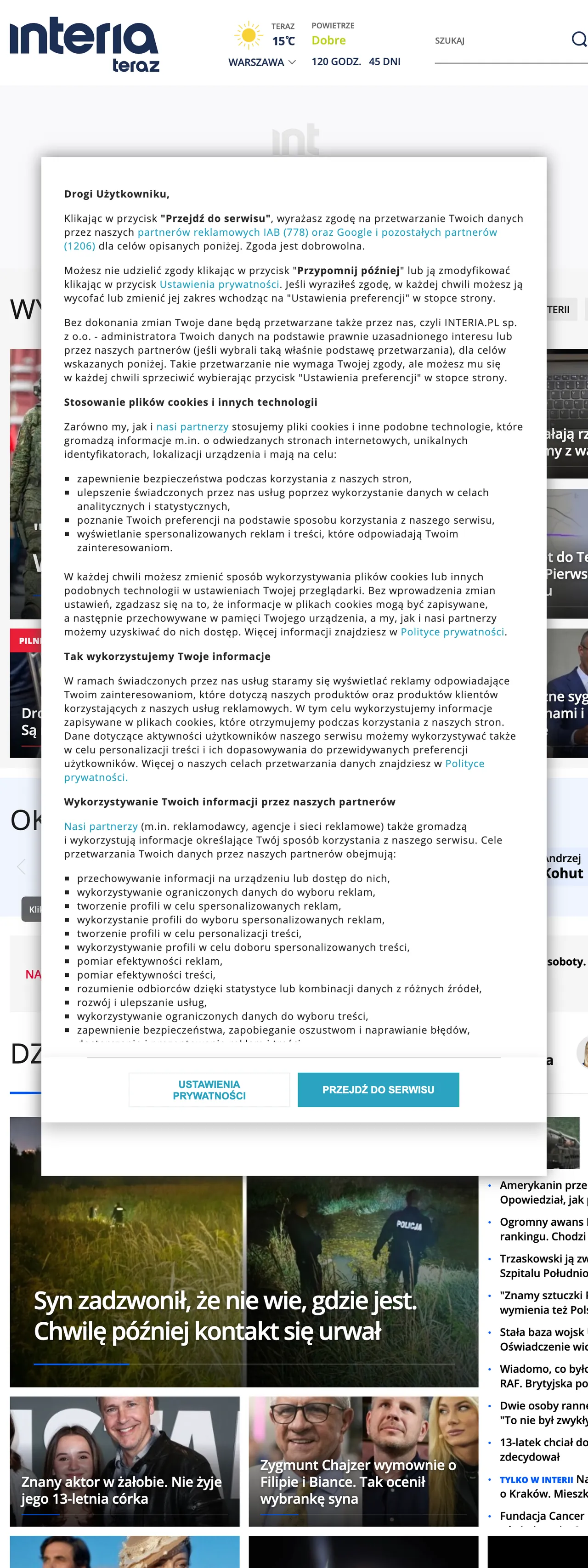 Screenshot of the Interia front page