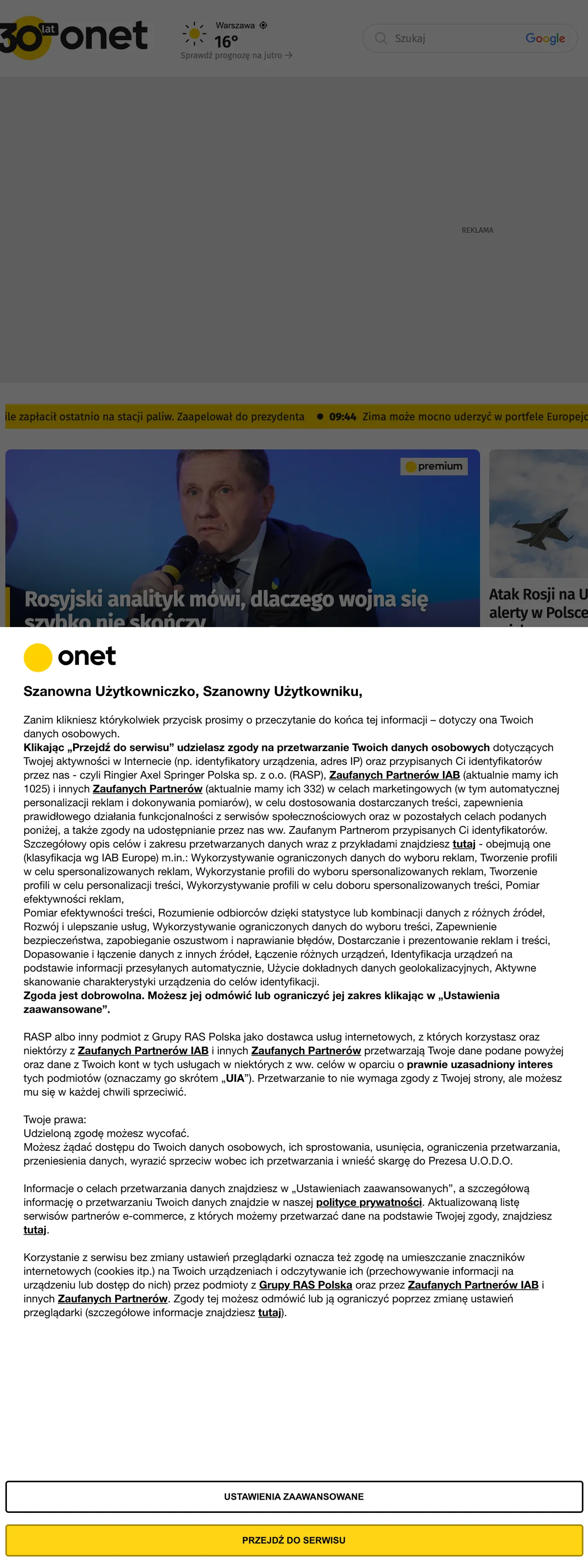 Screenshot of the Onet front page
